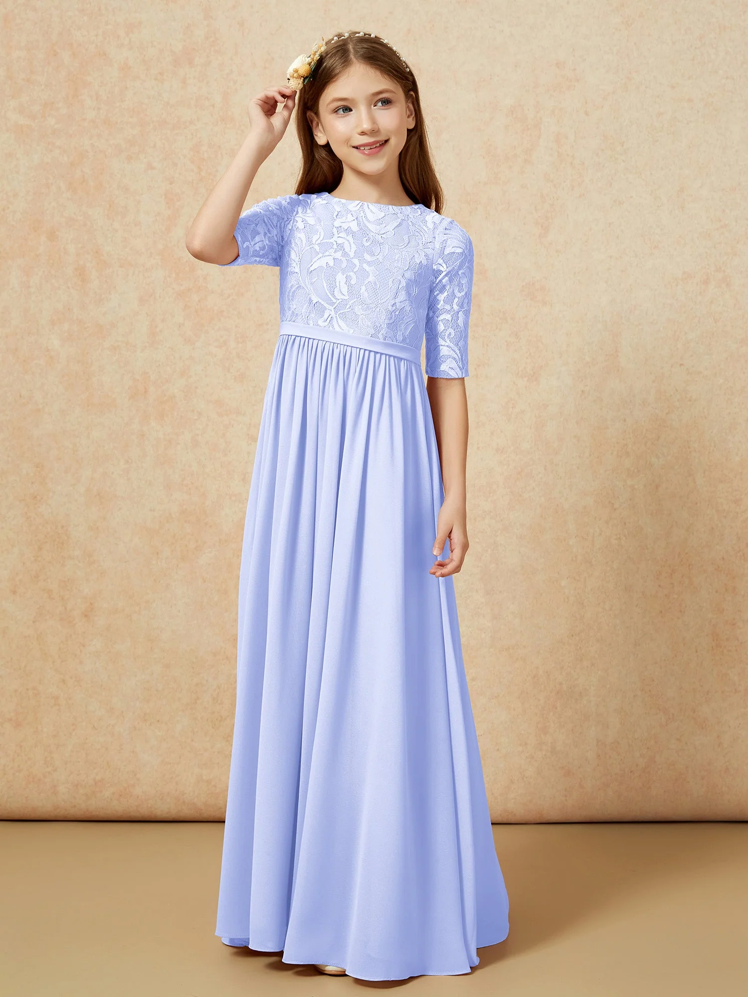 Halbarm Spitzen Oberteil Chiffon Junge Brautjungfernkleider Lavendel - Image 5