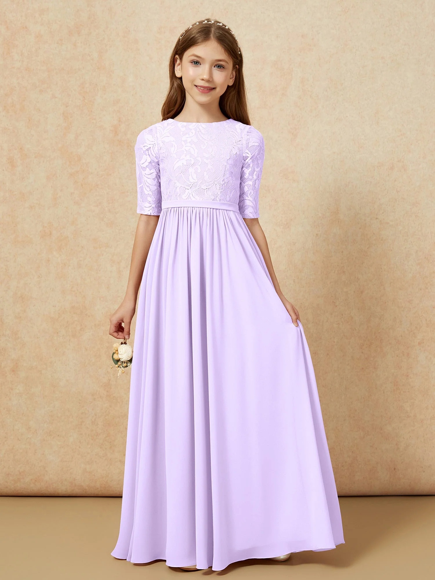 Halbarm Spitzen Oberteil Chiffon Junge Brautjungfernkleider Lila