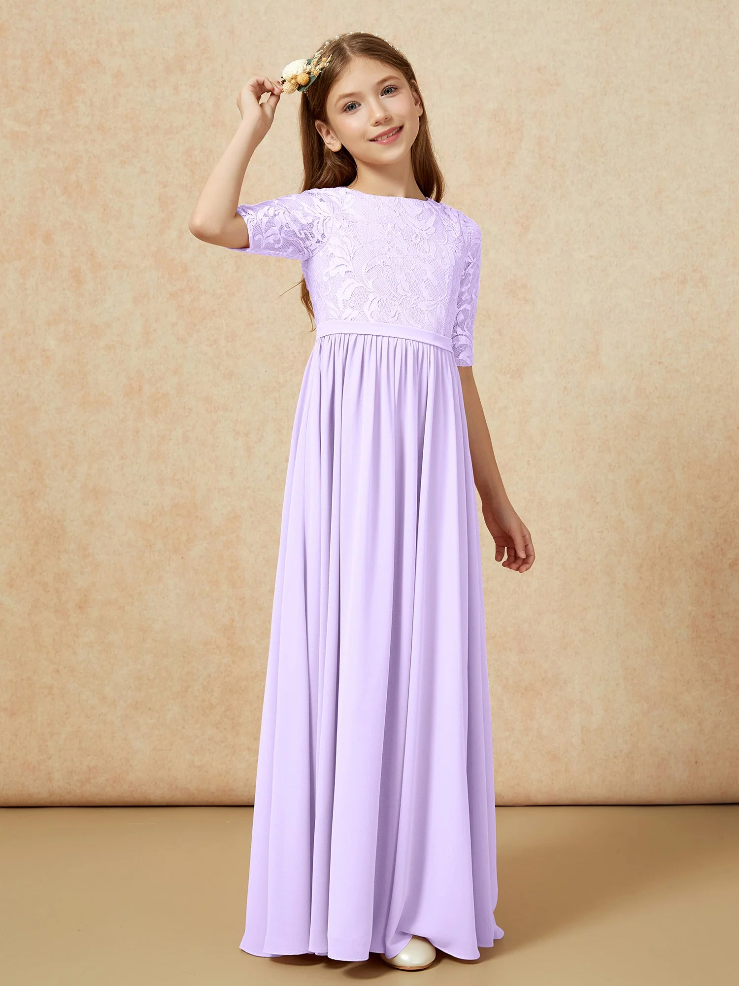 Halbarm Spitzen Oberteil Chiffon Junge Brautjungfernkleider Lila - Image 3