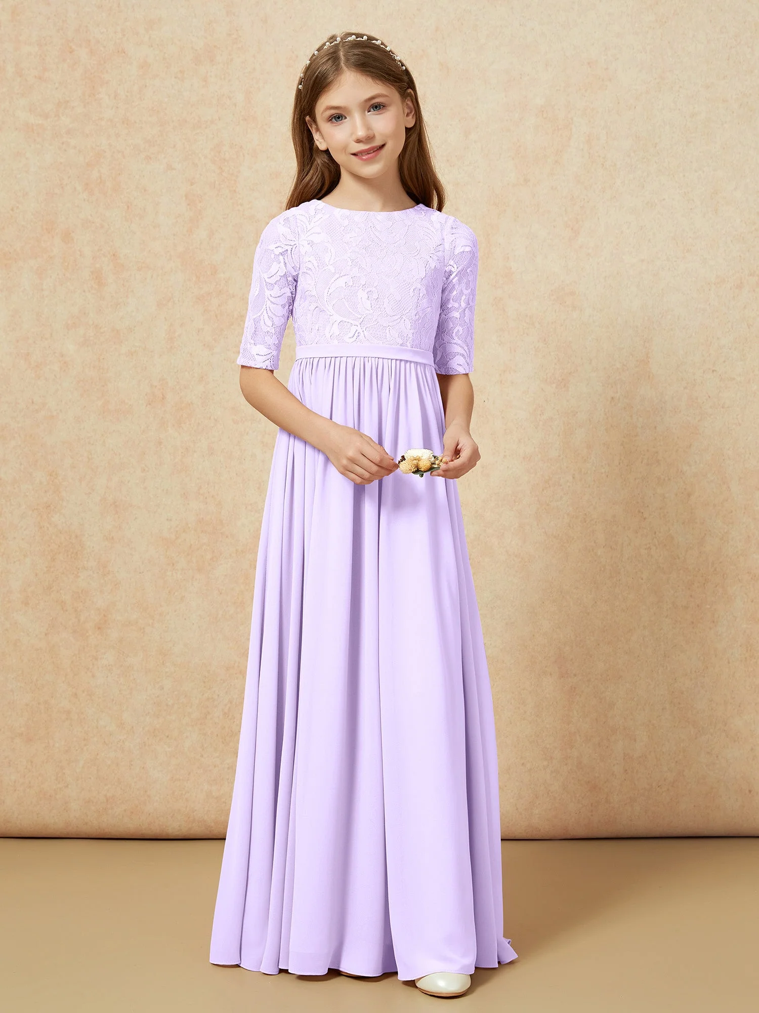 Halbarm Spitzen Oberteil Chiffon Junge Brautjungfernkleider Lila - Image 4