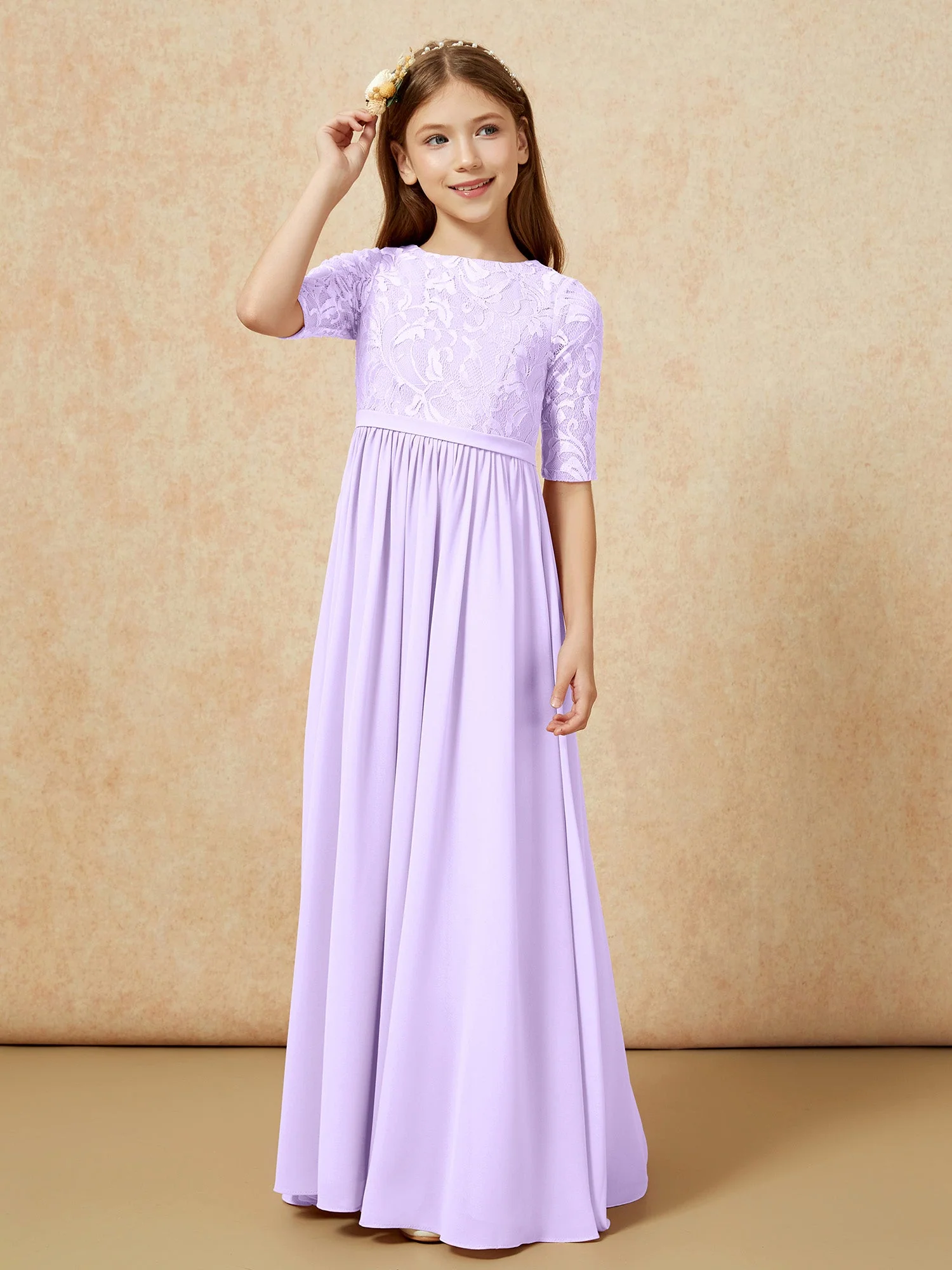 Halbarm Spitzen Oberteil Chiffon Junge Brautjungfernkleider Lila - Image 5
