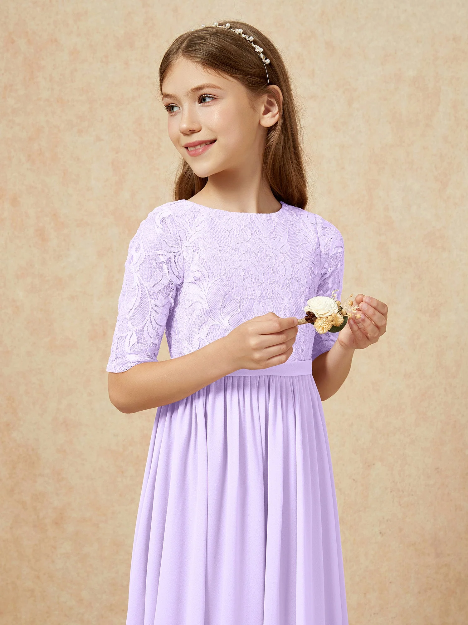 Halbarm Spitzen Oberteil Chiffon Junge Brautjungfernkleider Lila - Image 6