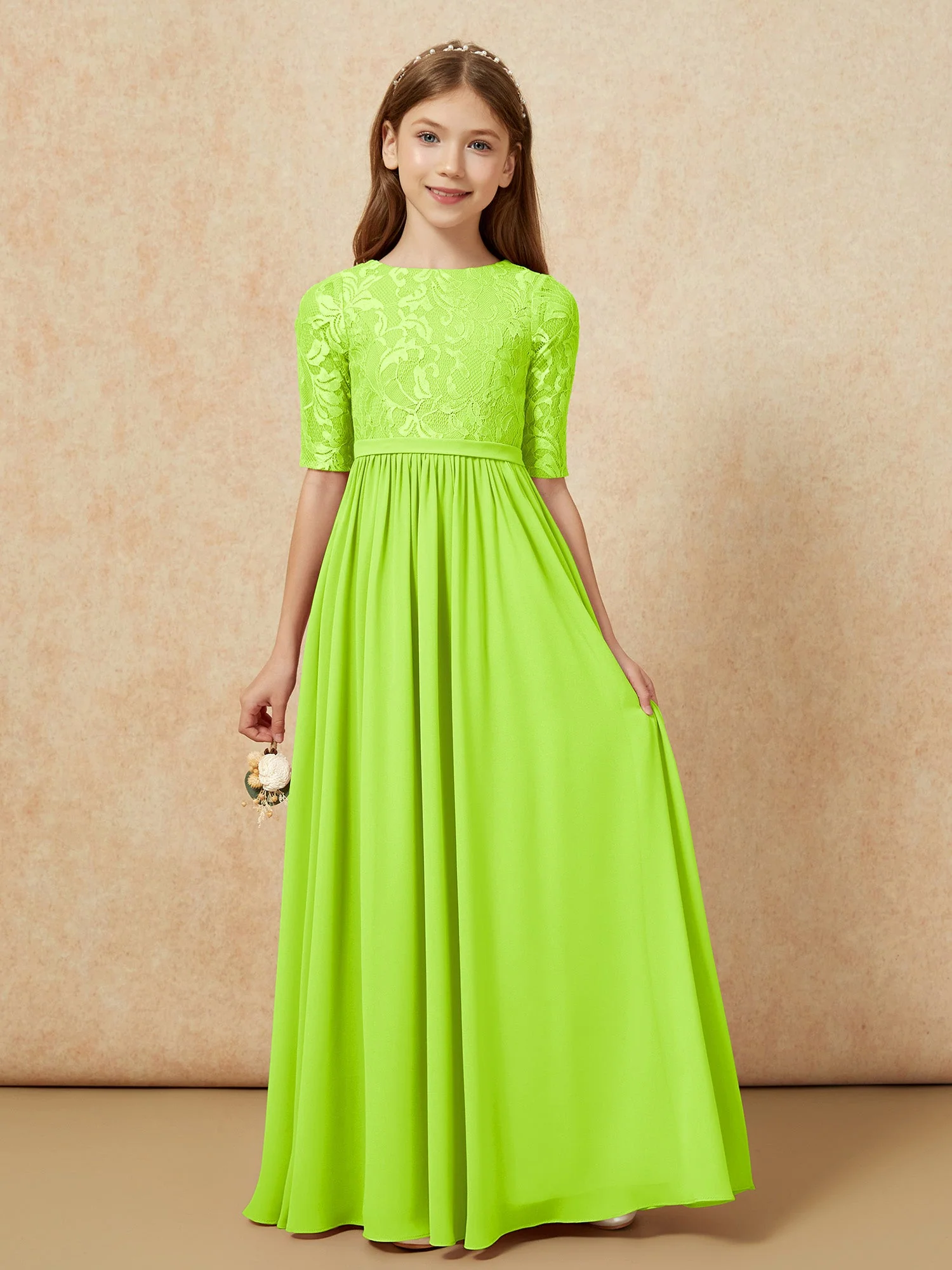 Halbarm Spitzen Oberteil Chiffon Junge Brautjungfernkleider Lindgrün