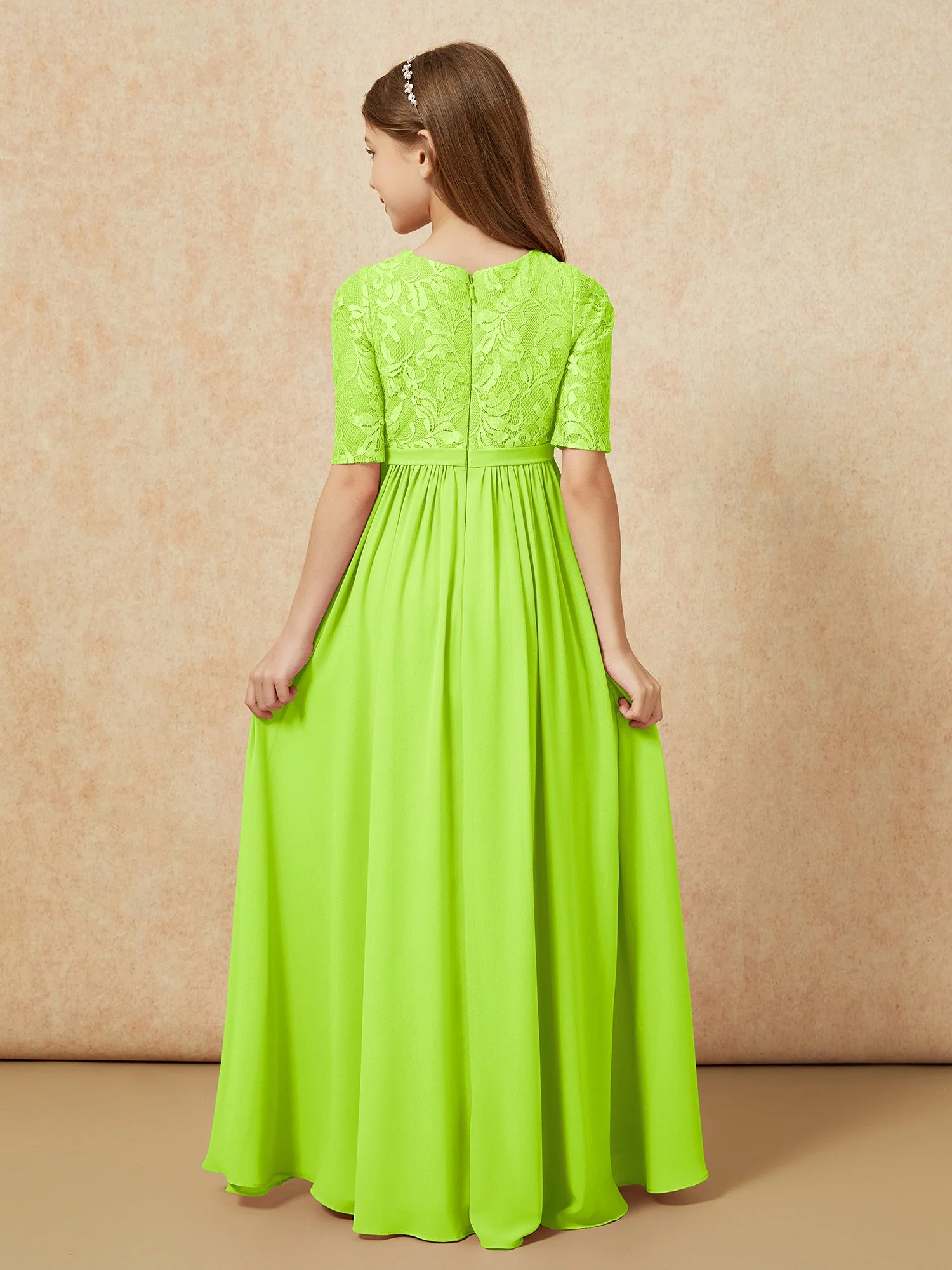 Halbarm Spitzen Oberteil Chiffon Junge Brautjungfernkleider Lindgrün - Image 2