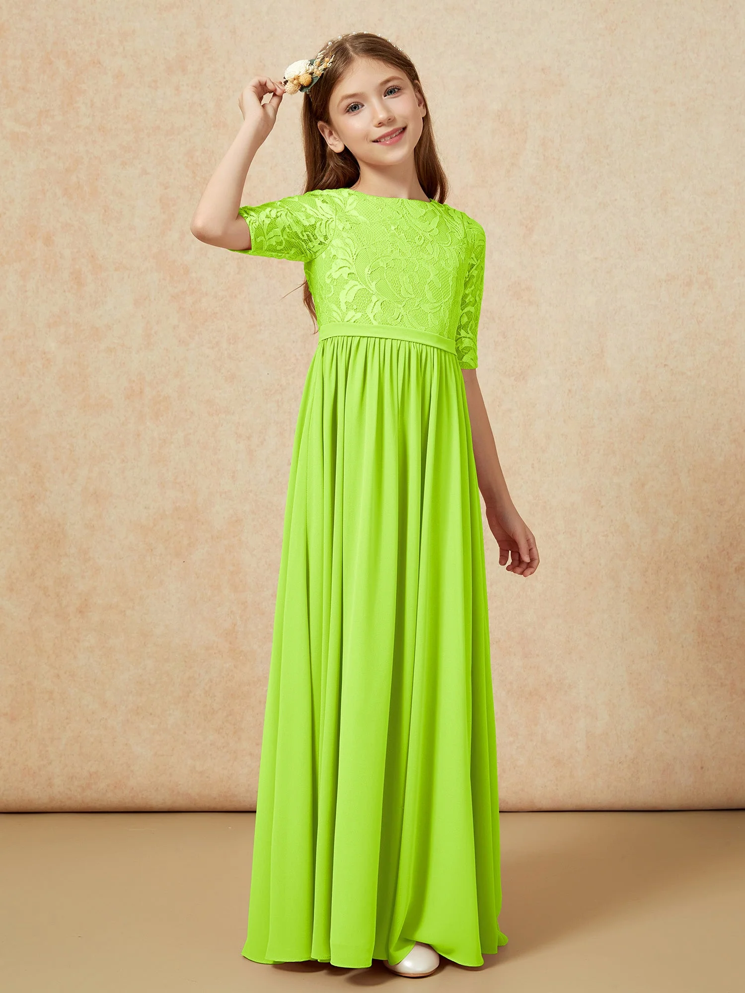 Halbarm Spitzen Oberteil Chiffon Junge Brautjungfernkleider Lindgrün - Image 3