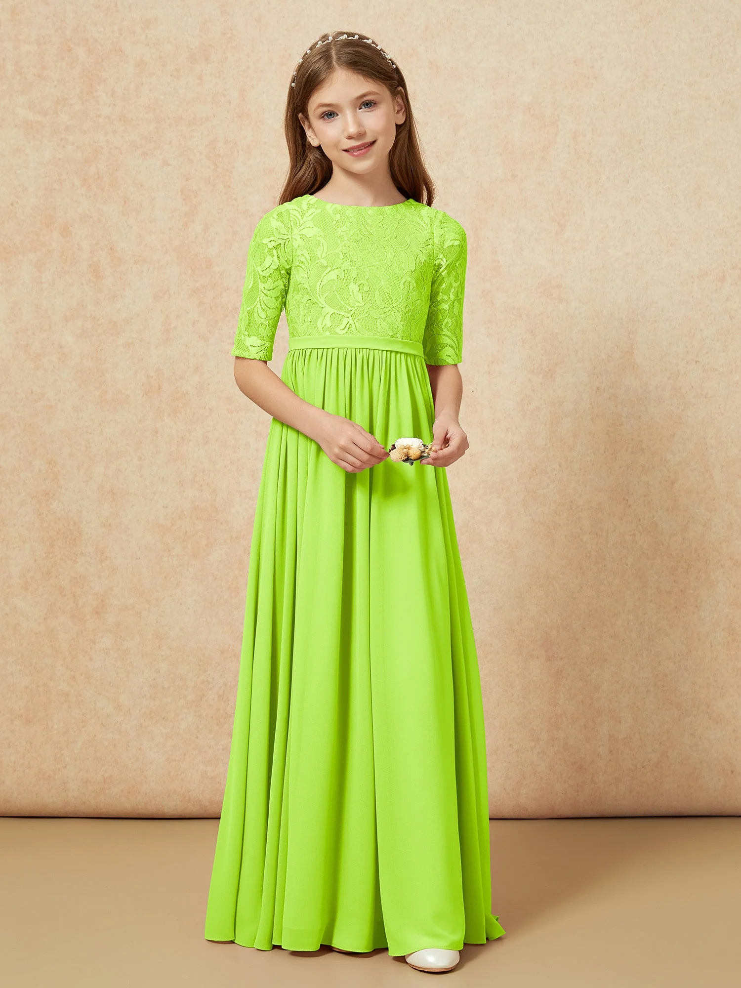 Halbarm Spitzen Oberteil Chiffon Junge Brautjungfernkleider Lindgrün - Image 4