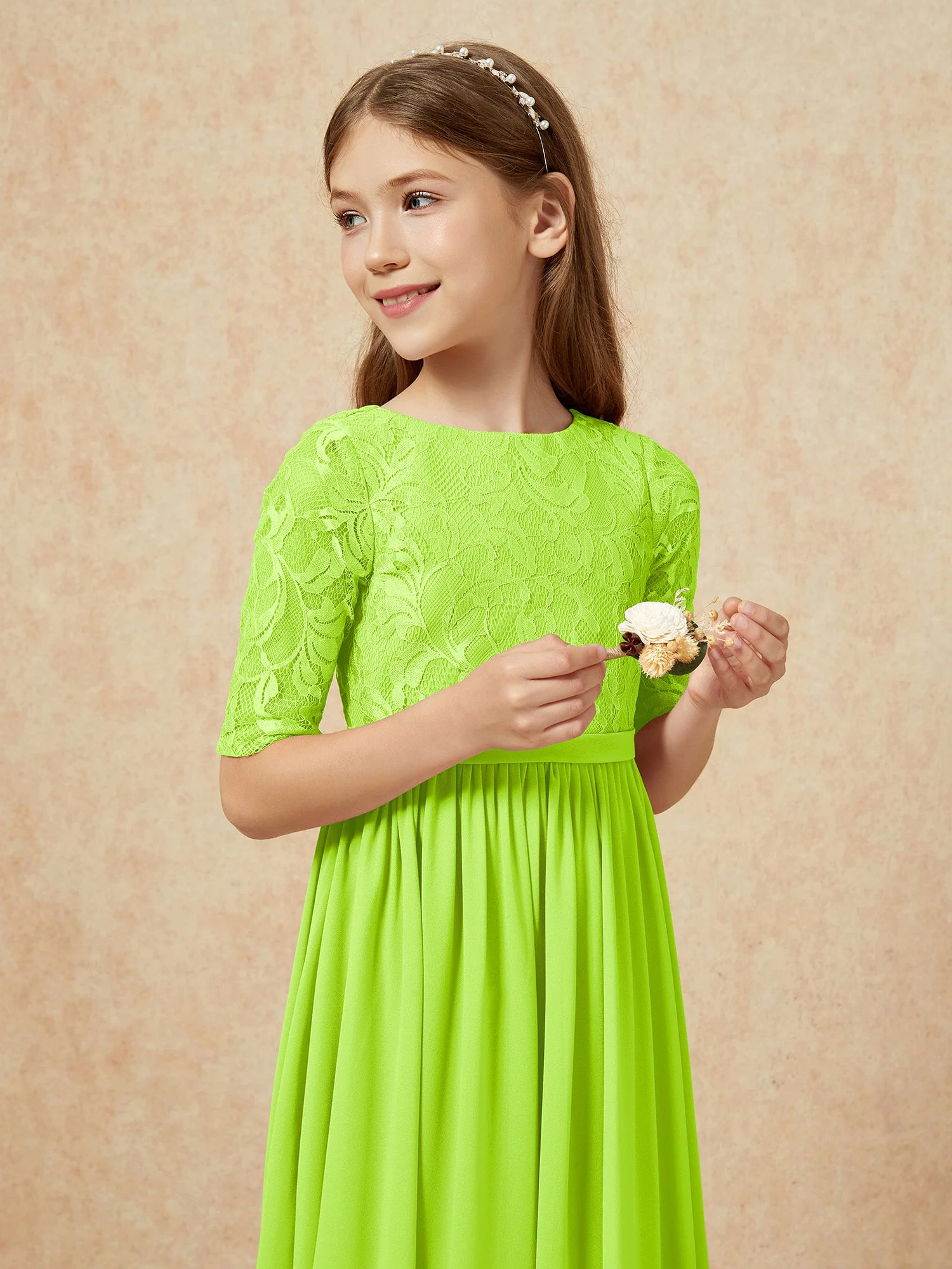 Halbarm Spitzen Oberteil Chiffon Junge Brautjungfernkleider Lindgrün - Image 6