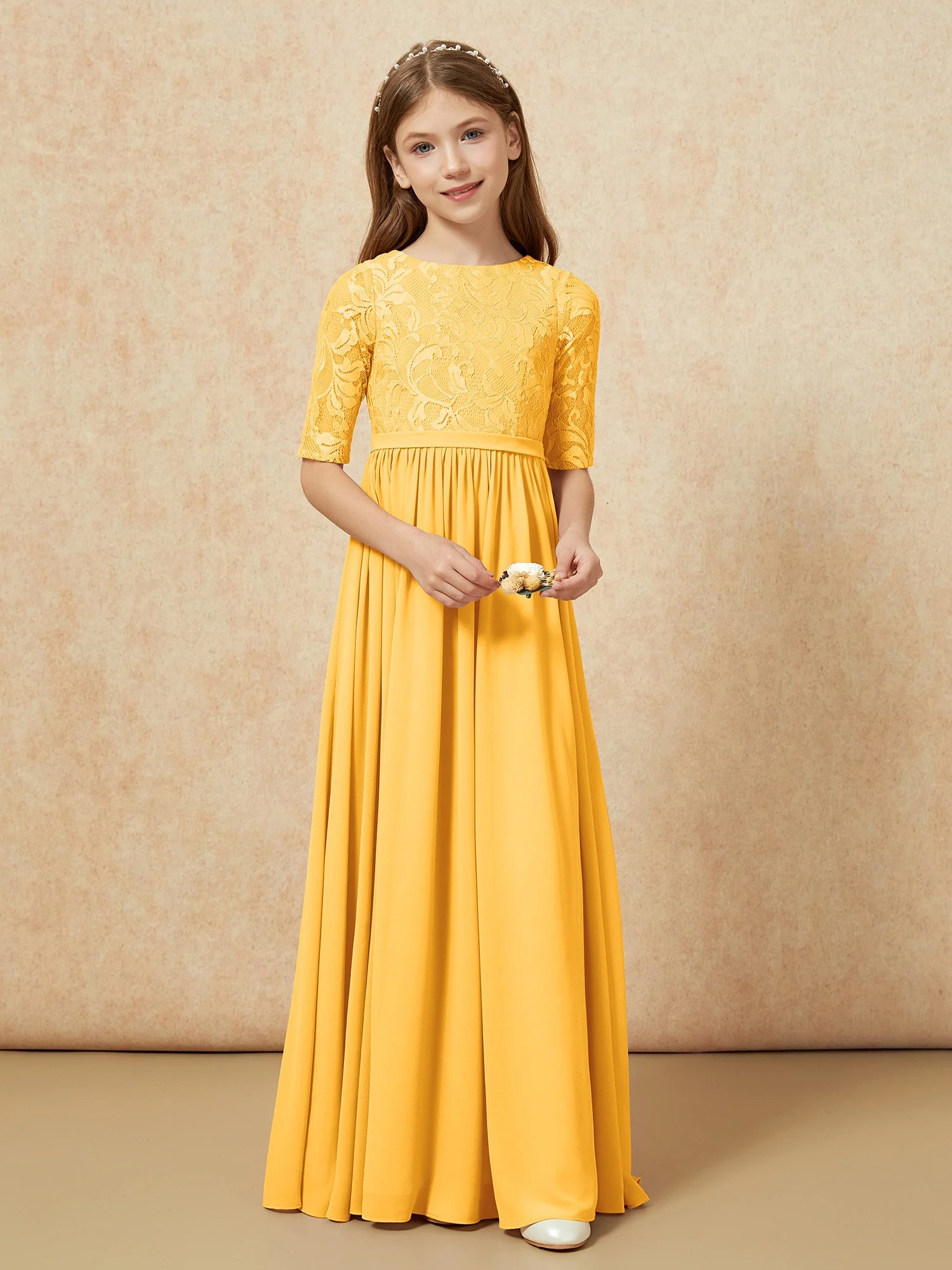 Halbarm Spitzen Oberteil Chiffon Junge Brautjungfernkleider Mandarine - Image 4