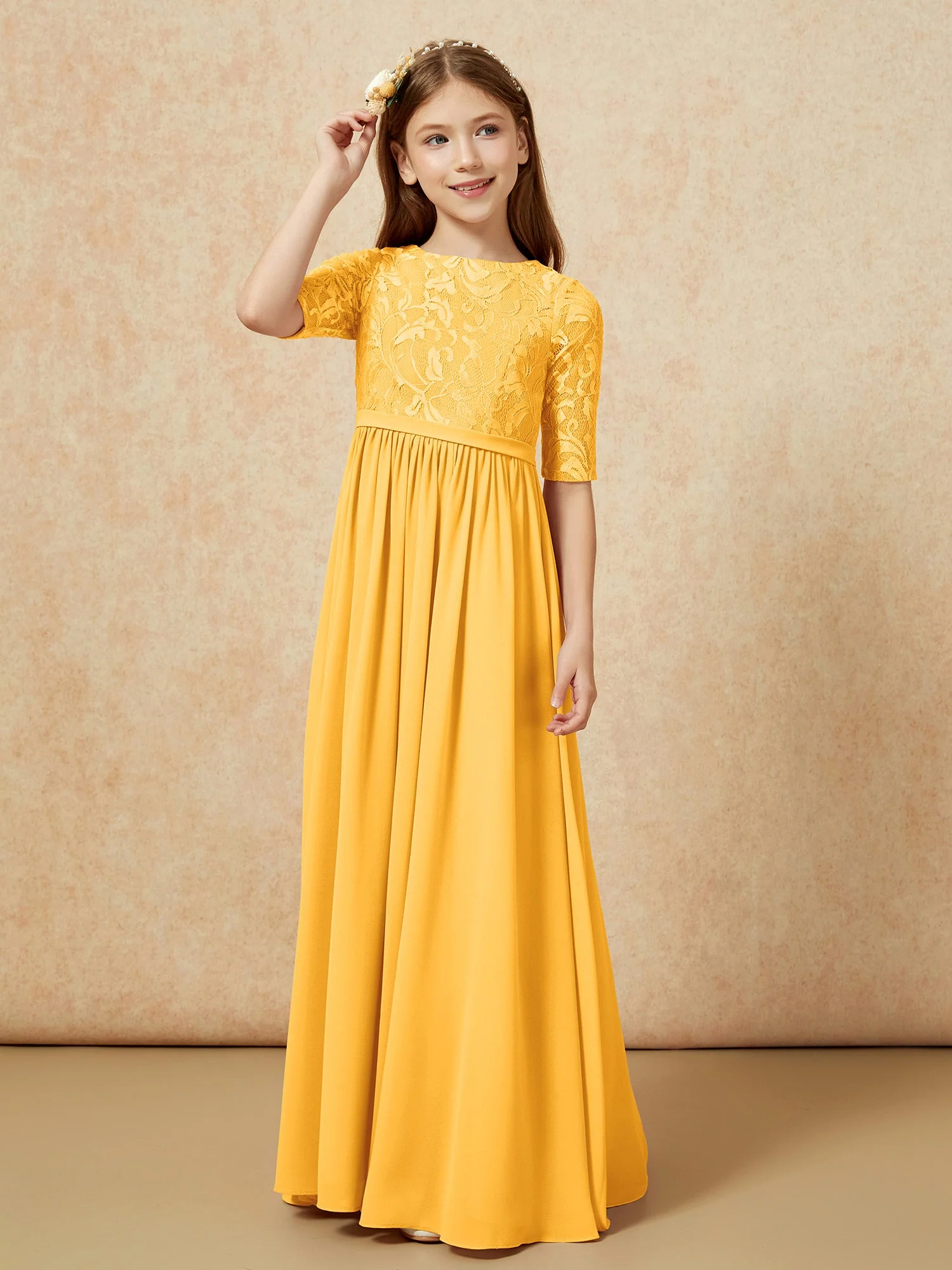 Halbarm Spitzen Oberteil Chiffon Junge Brautjungfernkleider Mandarine - Image 5