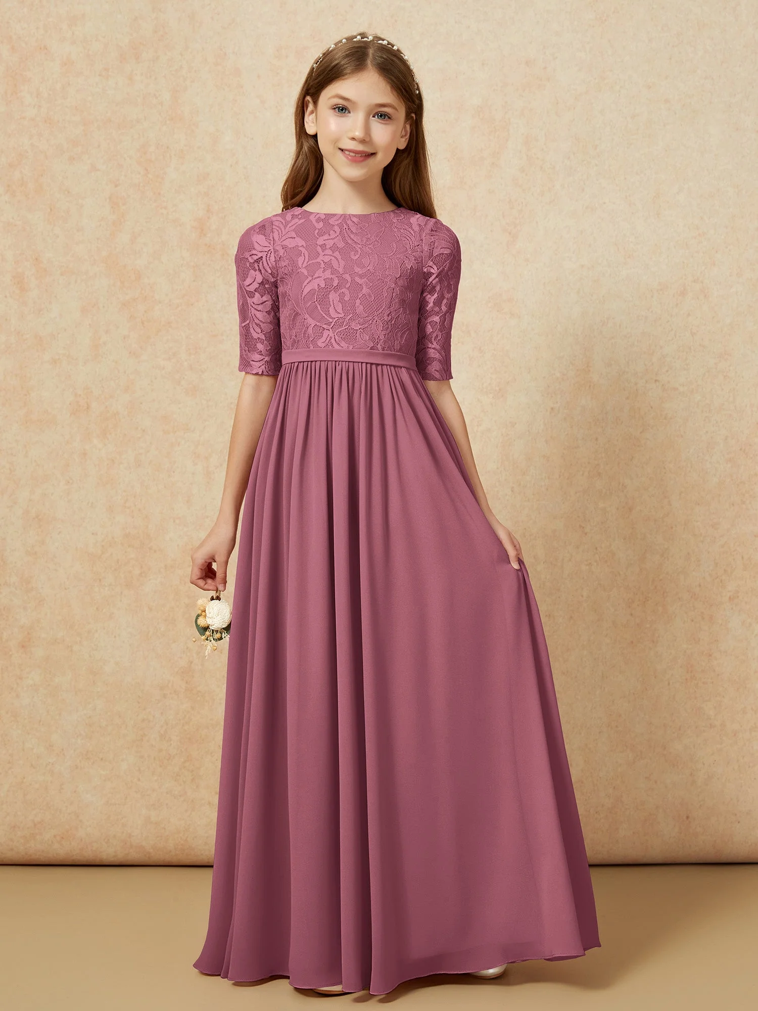 Halbarm Spitzen Oberteil Chiffon Junge Brautjungfernkleider Maulbeere