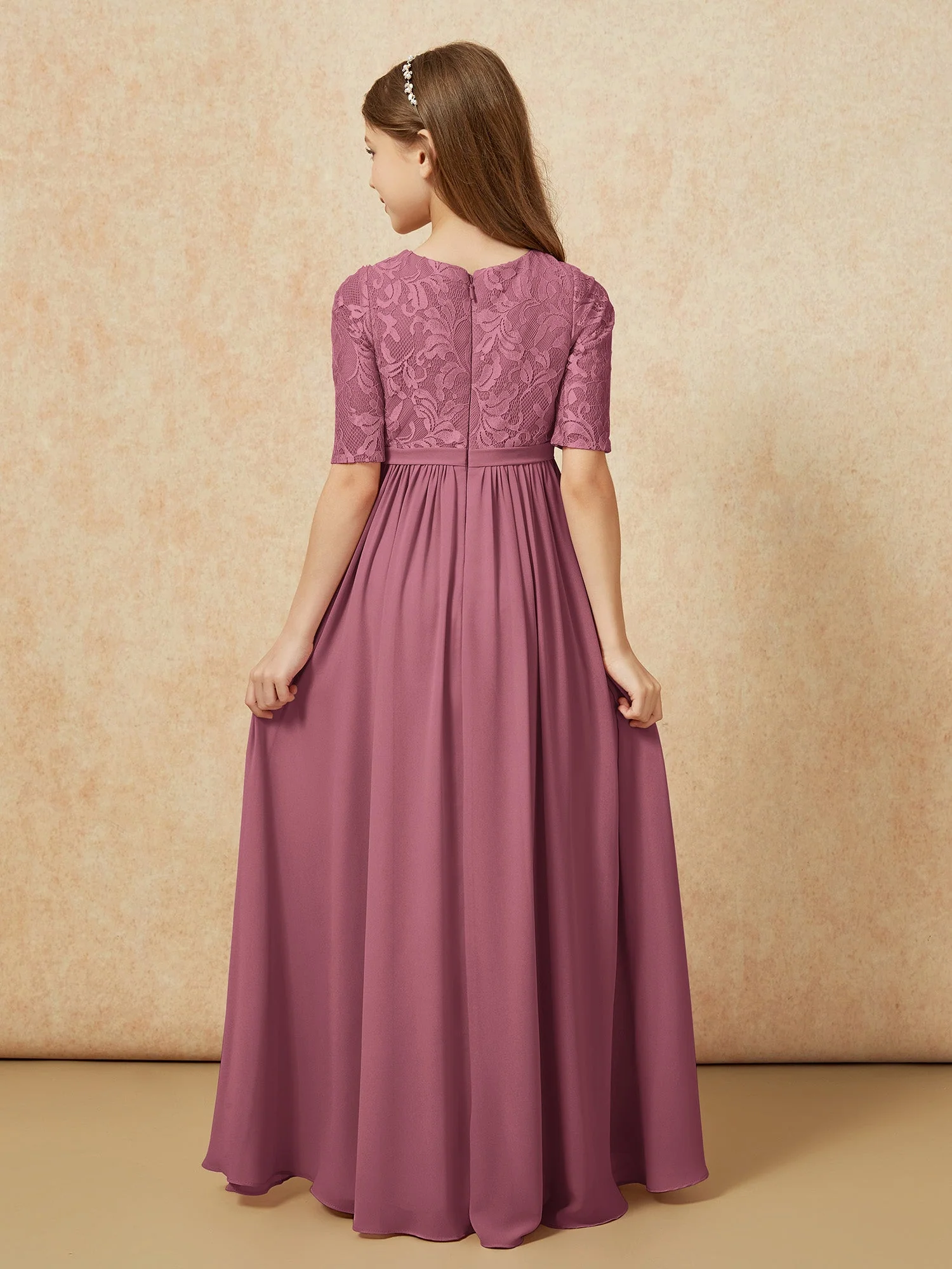 Halbarm Spitzen Oberteil Chiffon Junge Brautjungfernkleider Maulbeere - Image 2