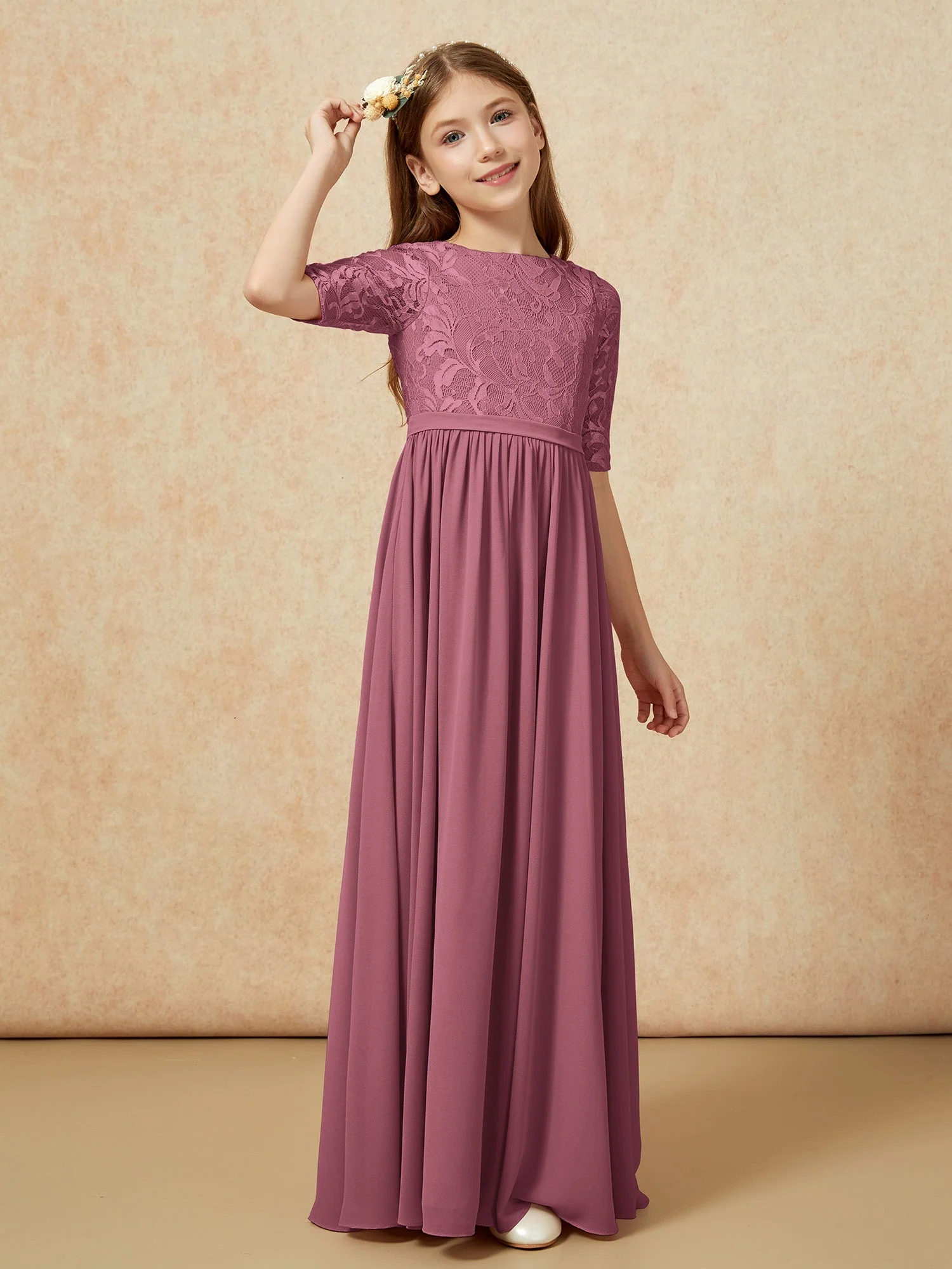 Halbarm Spitzen Oberteil Chiffon Junge Brautjungfernkleider Maulbeere - Image 3