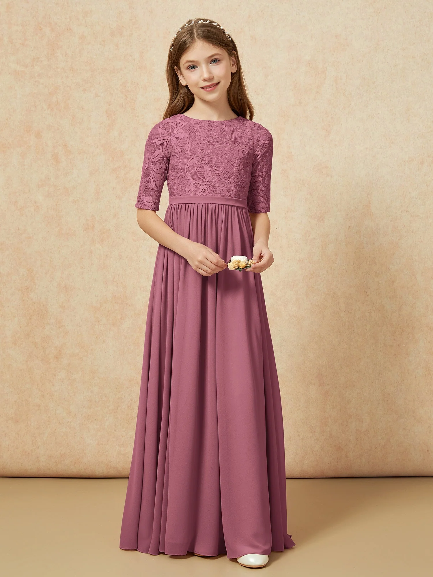 Halbarm Spitzen Oberteil Chiffon Junge Brautjungfernkleider Maulbeere - Image 4