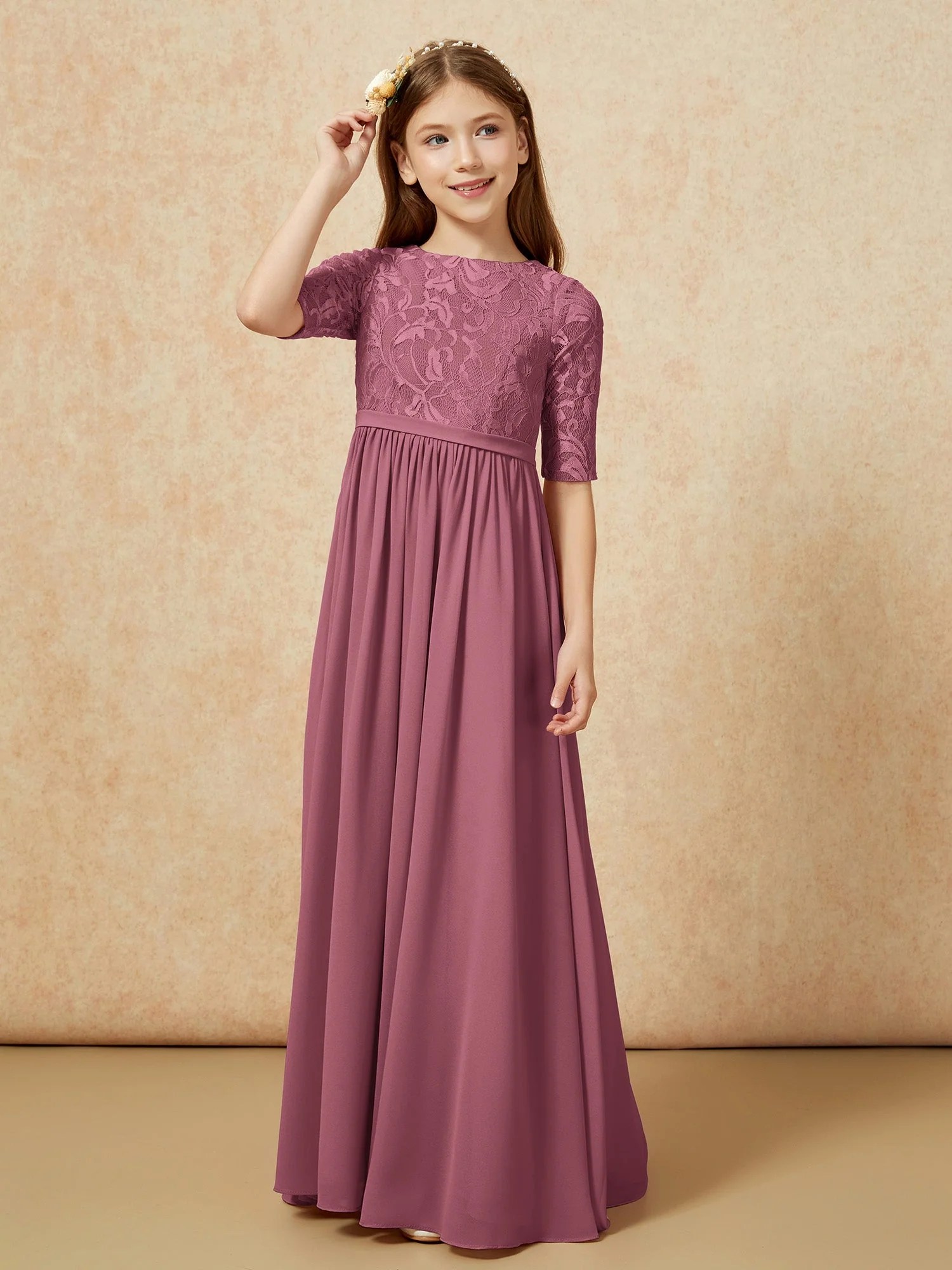 Halbarm Spitzen Oberteil Chiffon Junge Brautjungfernkleider Maulbeere - Image 5