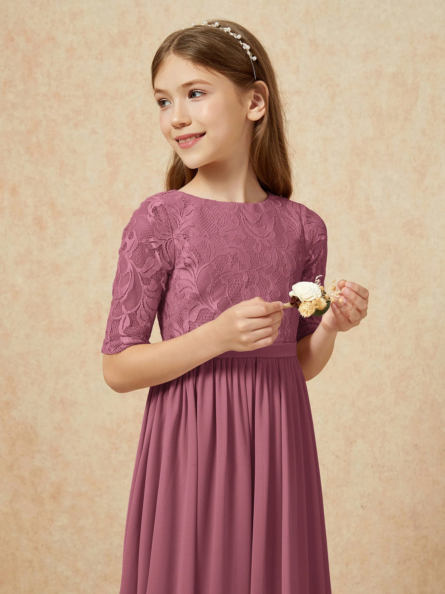 Halbarm Spitzen Oberteil Chiffon Junge Brautjungfernkleider Maulbeere - Image 6
