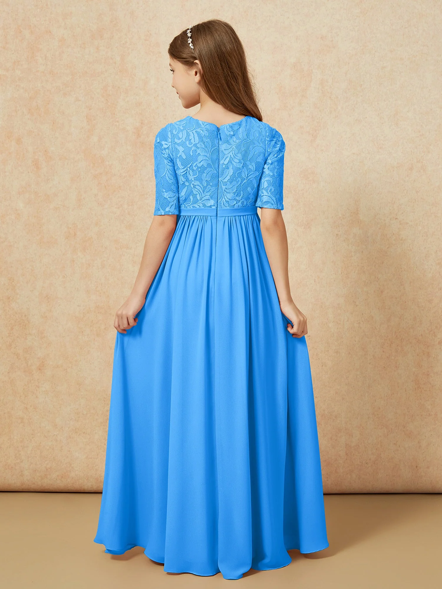Halbarm Spitzen Oberteil Chiffon Junge Brautjungfernkleider Meerblau - Image 2