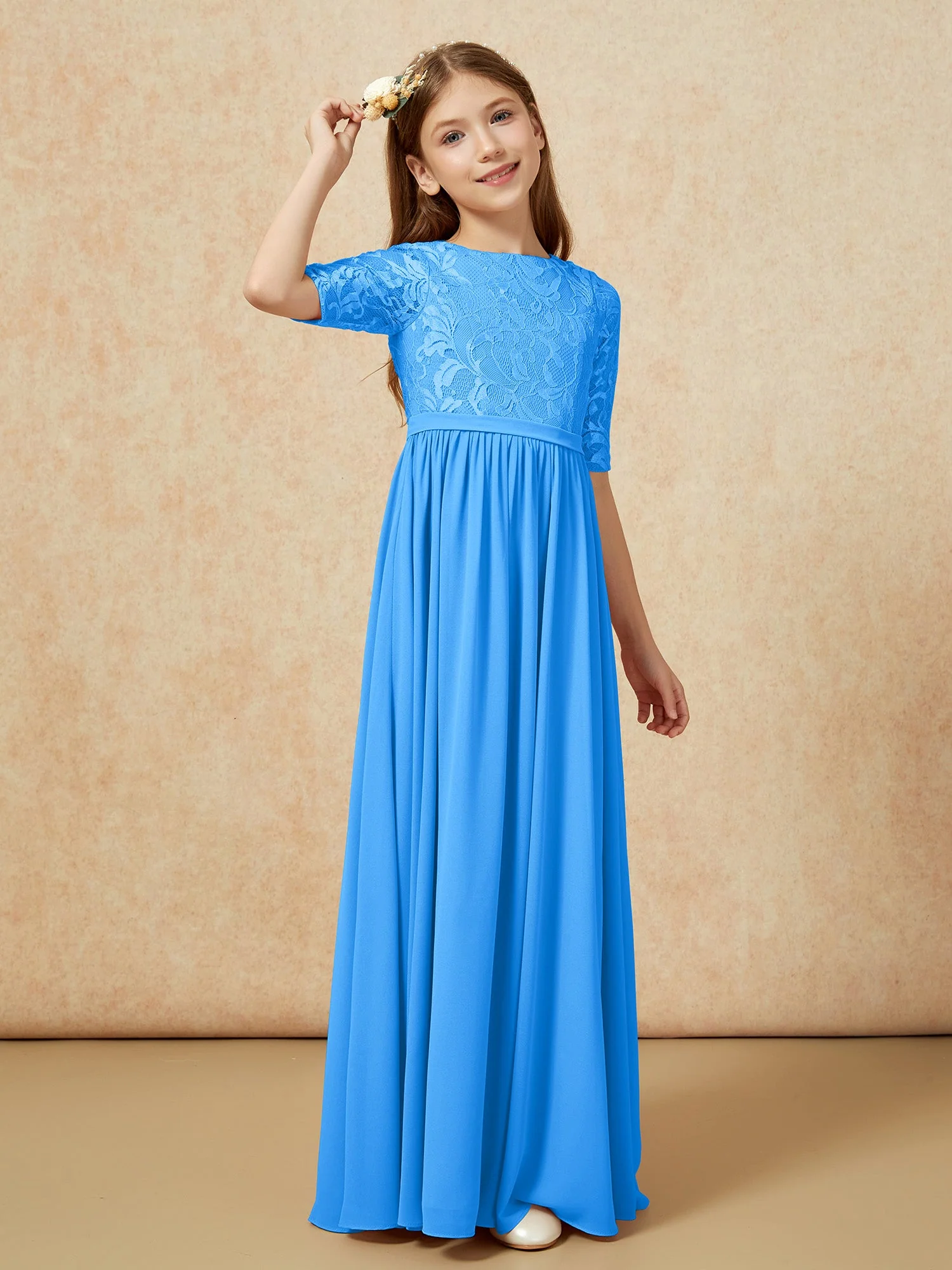 Halbarm Spitzen Oberteil Chiffon Junge Brautjungfernkleider Meerblau - Image 3