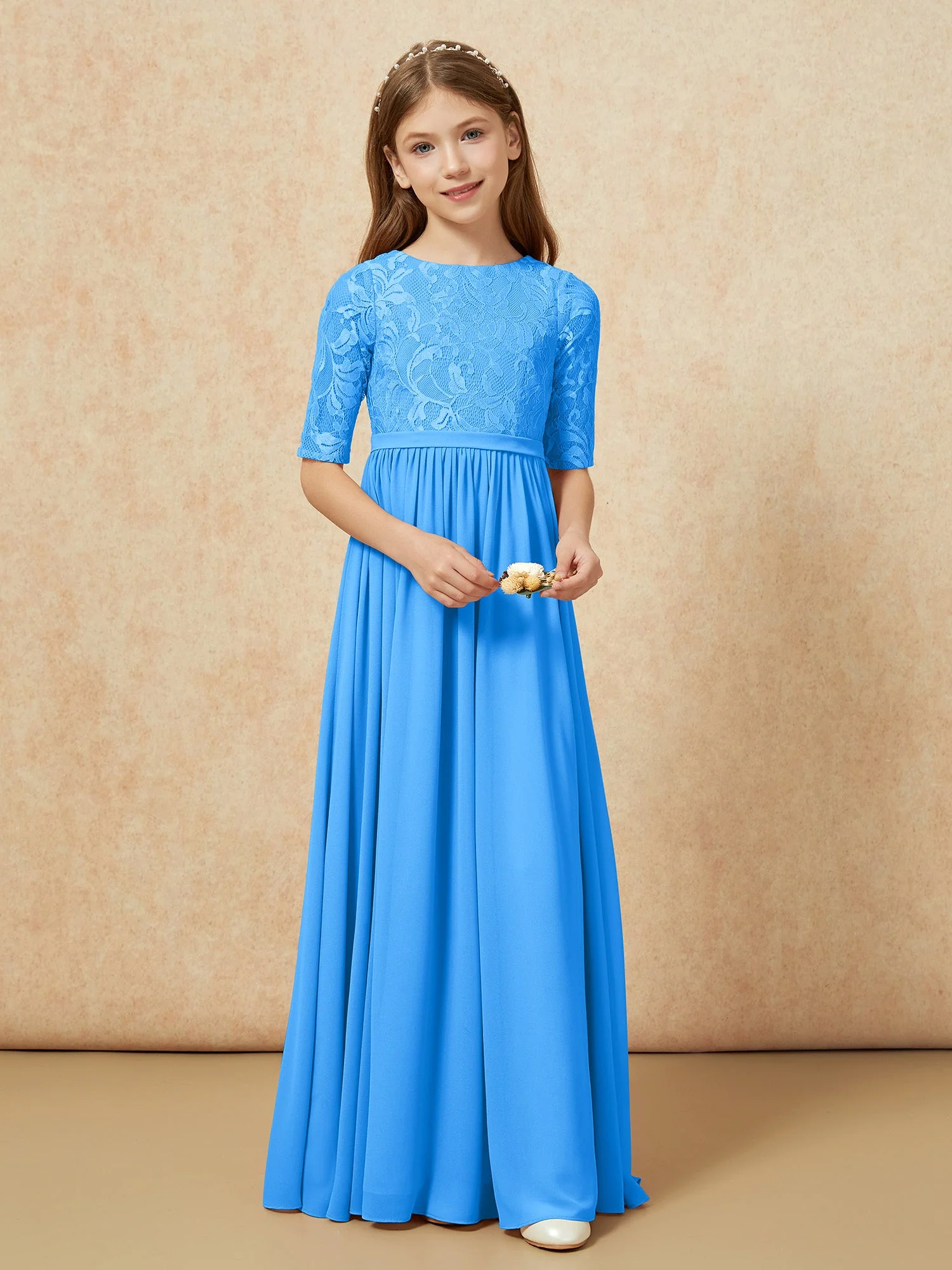 Halbarm Spitzen Oberteil Chiffon Junge Brautjungfernkleider Meerblau - Image 4