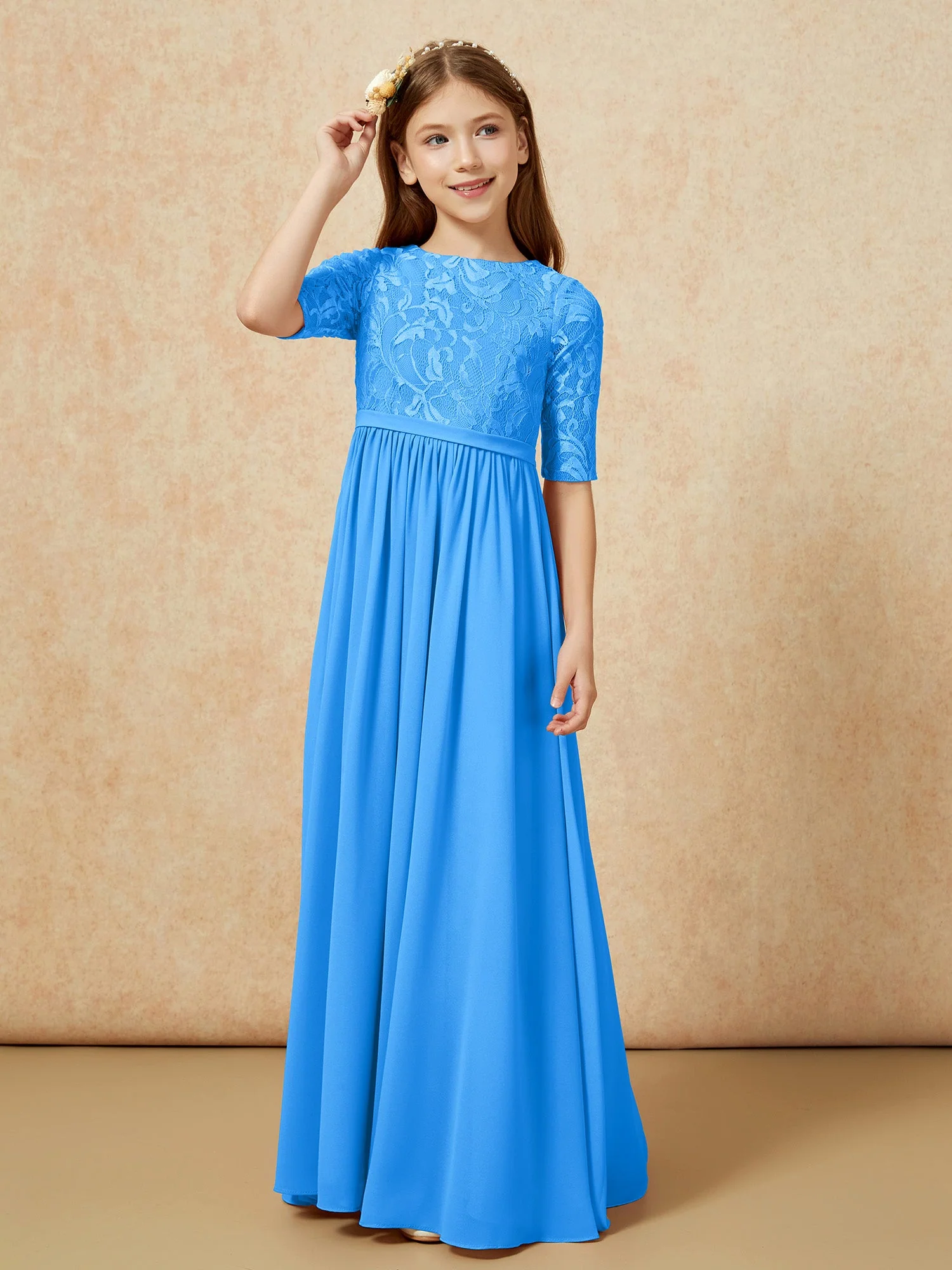 Halbarm Spitzen Oberteil Chiffon Junge Brautjungfernkleider Meerblau - Image 5