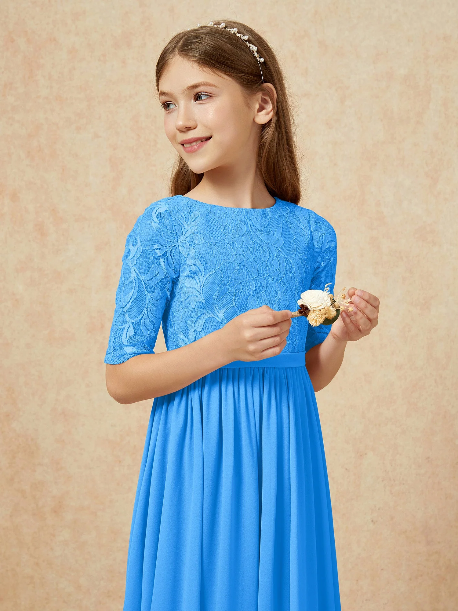 Halbarm Spitzen Oberteil Chiffon Junge Brautjungfernkleider Meerblau - Image 6