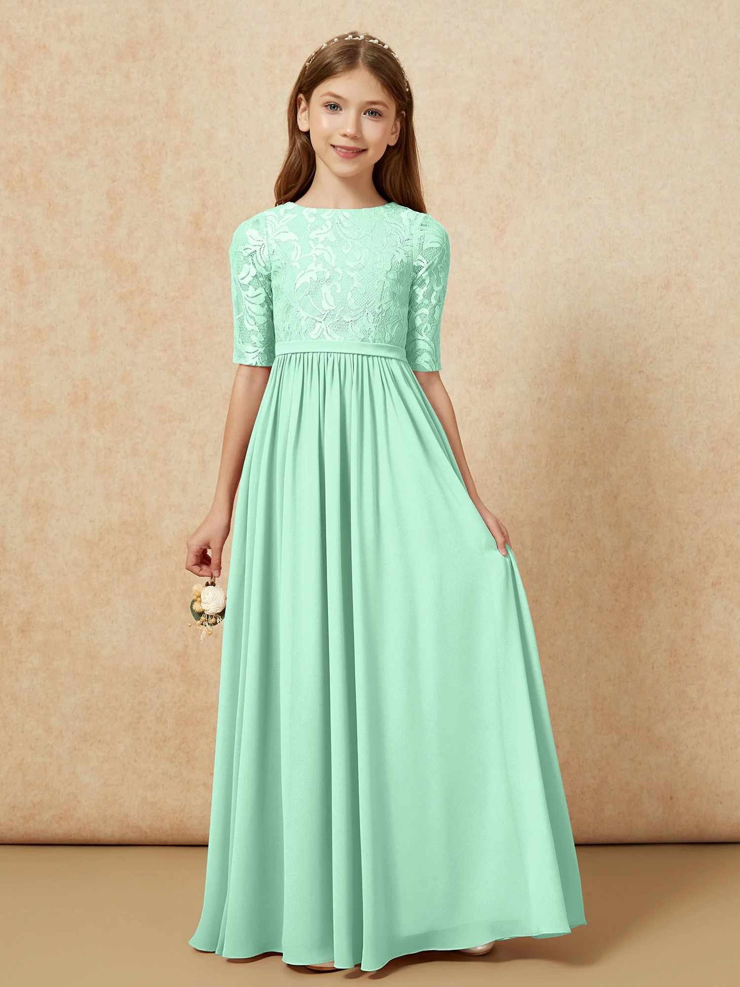Halbarm Spitzen Oberteil Chiffon Junge Brautjungfernkleider Minzgrün