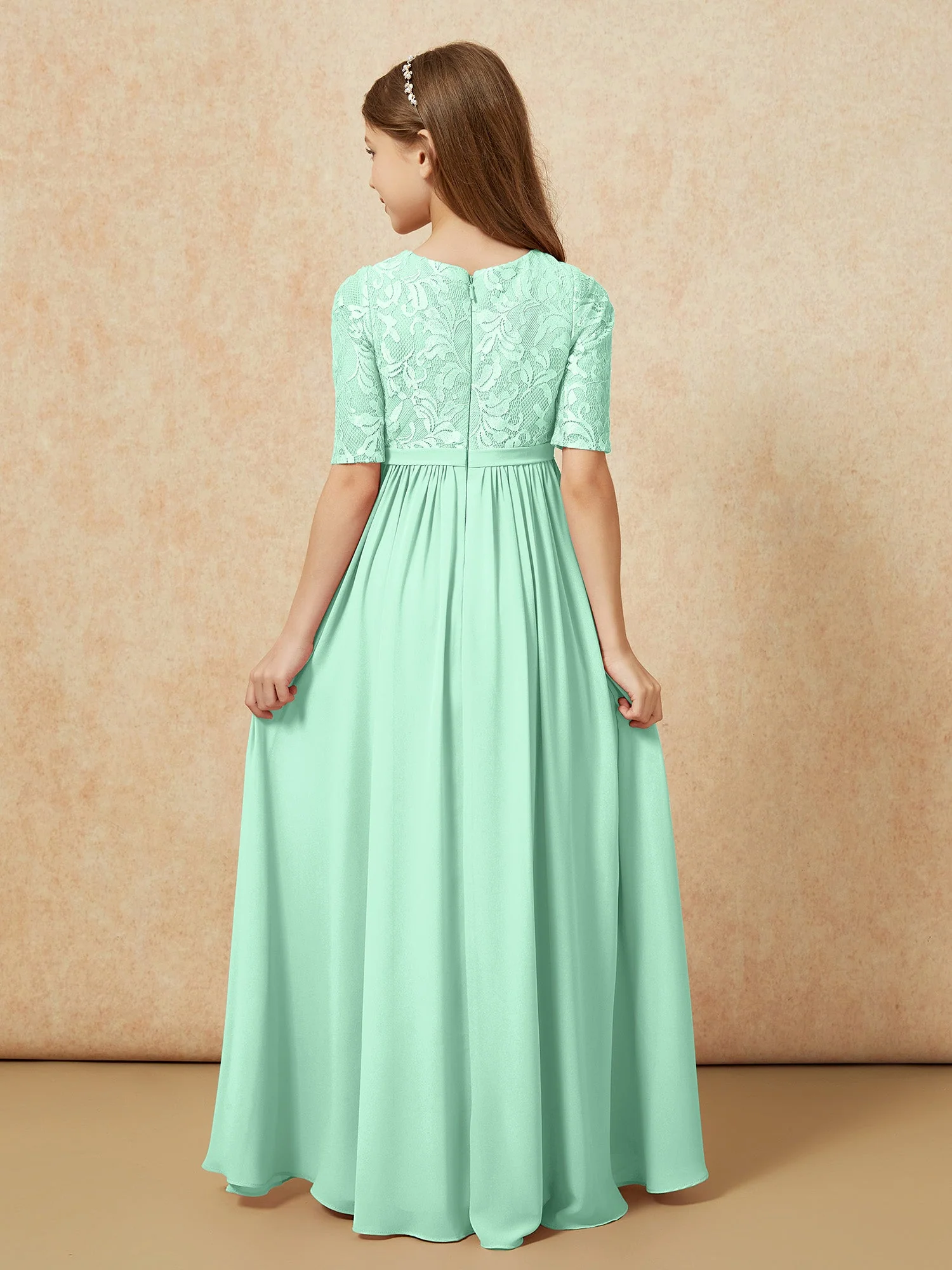 Halbarm Spitzen Oberteil Chiffon Junge Brautjungfernkleider Minzgrün - Image 2