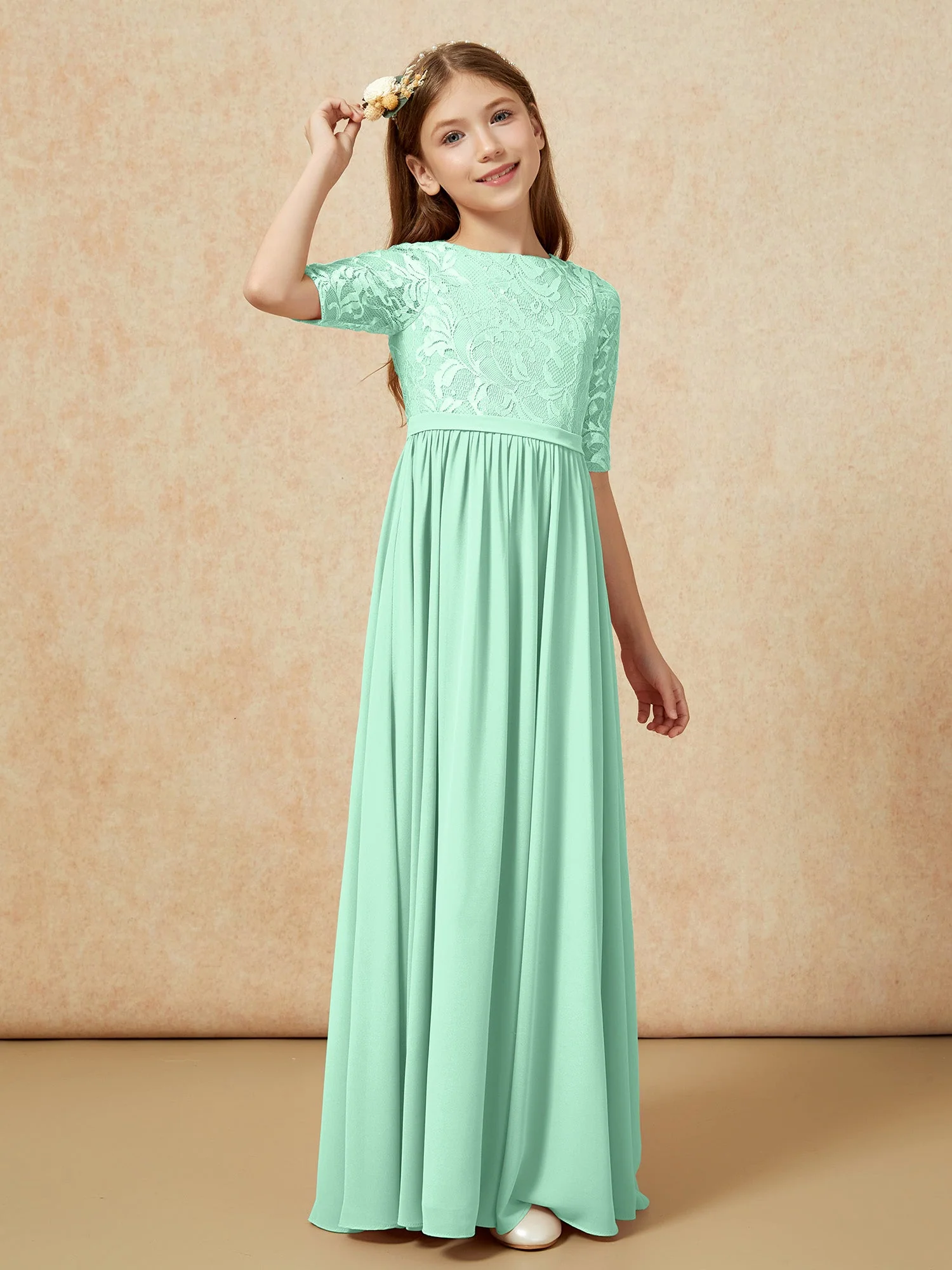 Halbarm Spitzen Oberteil Chiffon Junge Brautjungfernkleider Minzgrün - Image 3