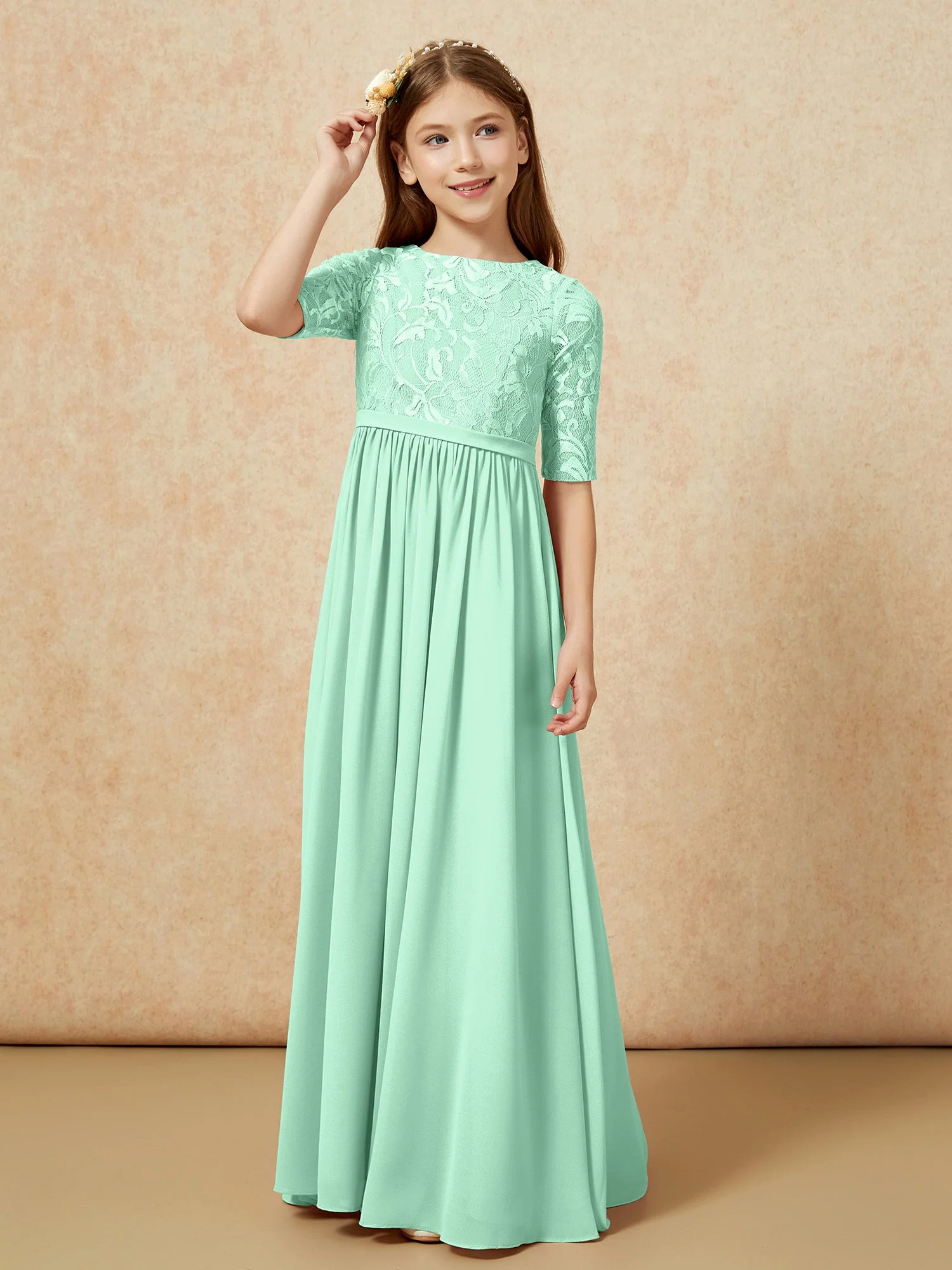 Halbarm Spitzen Oberteil Chiffon Junge Brautjungfernkleider Minzgrün - Image 5