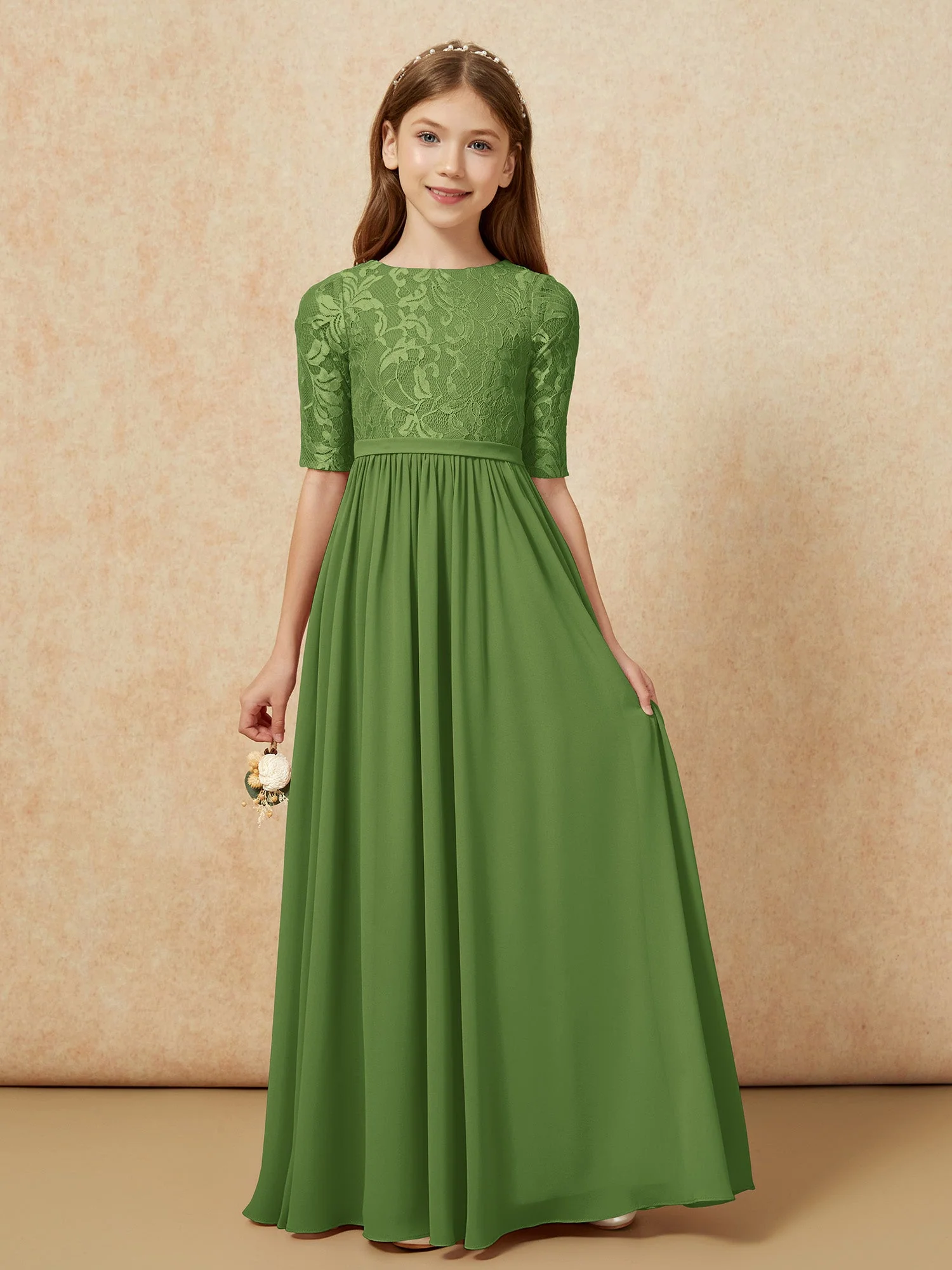 Halbarm Spitzen Oberteil Chiffon Junge Brautjungfernkleider Moos