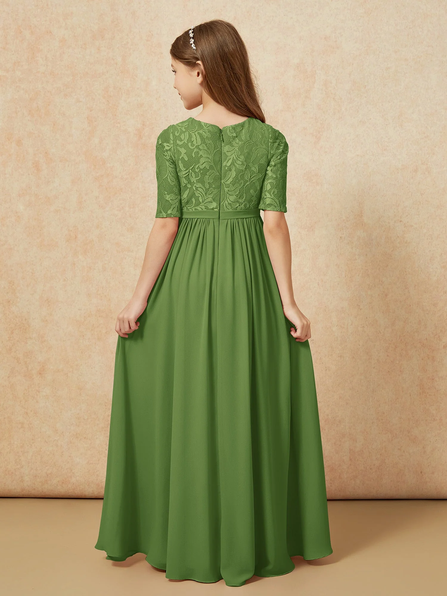 Halbarm Spitzen Oberteil Chiffon Junge Brautjungfernkleider Moos - Image 2