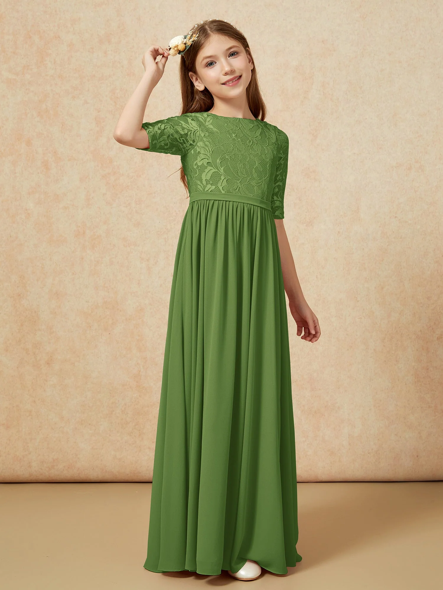 Halbarm Spitzen Oberteil Chiffon Junge Brautjungfernkleider Moos - Image 3