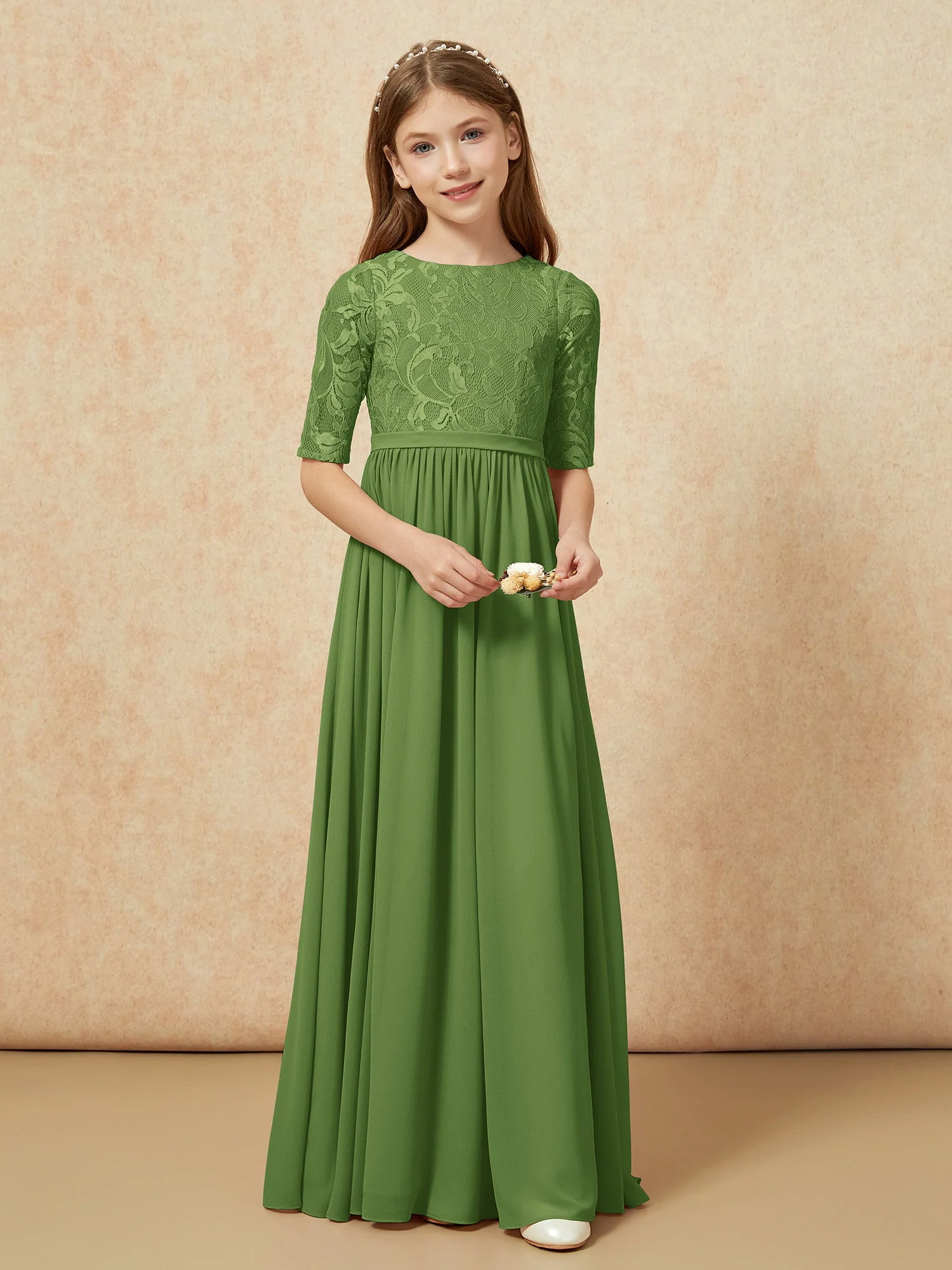 Halbarm Spitzen Oberteil Chiffon Junge Brautjungfernkleider Moos - Image 4