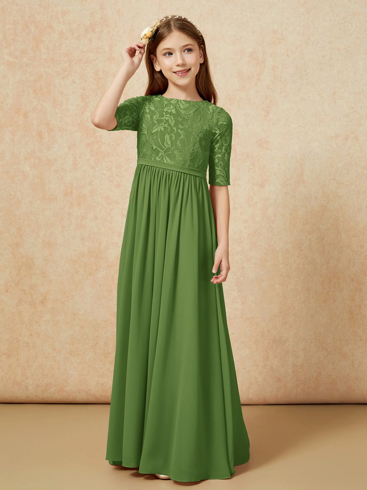 Halbarm Spitzen Oberteil Chiffon Junge Brautjungfernkleider Moos - Image 5