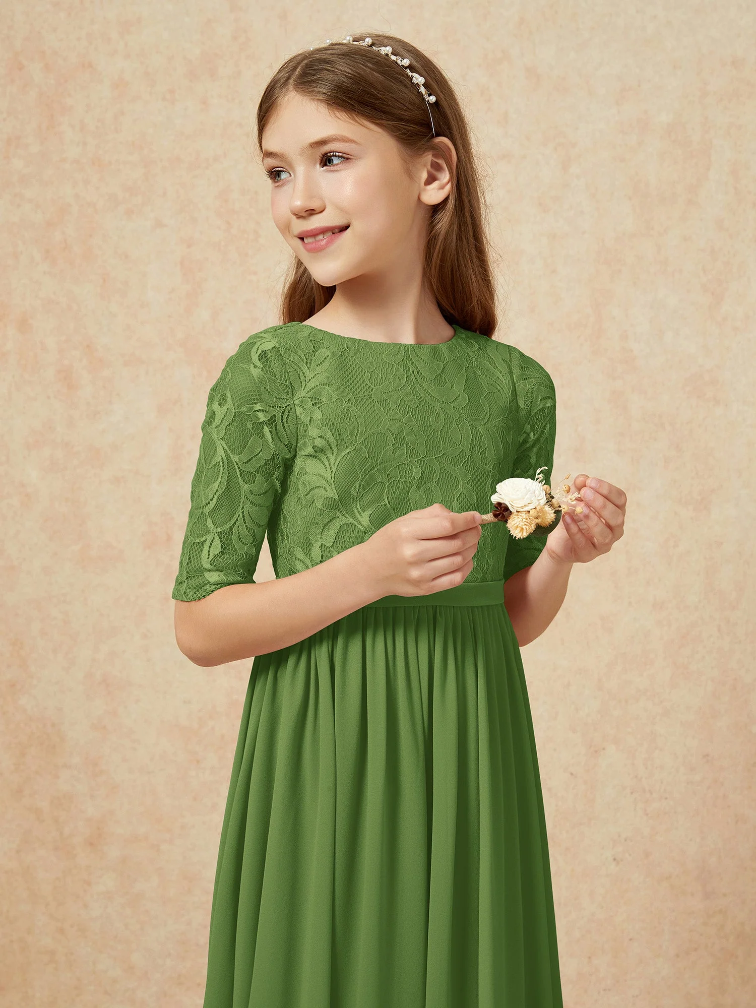 Halbarm Spitzen Oberteil Chiffon Junge Brautjungfernkleider Moos - Image 6