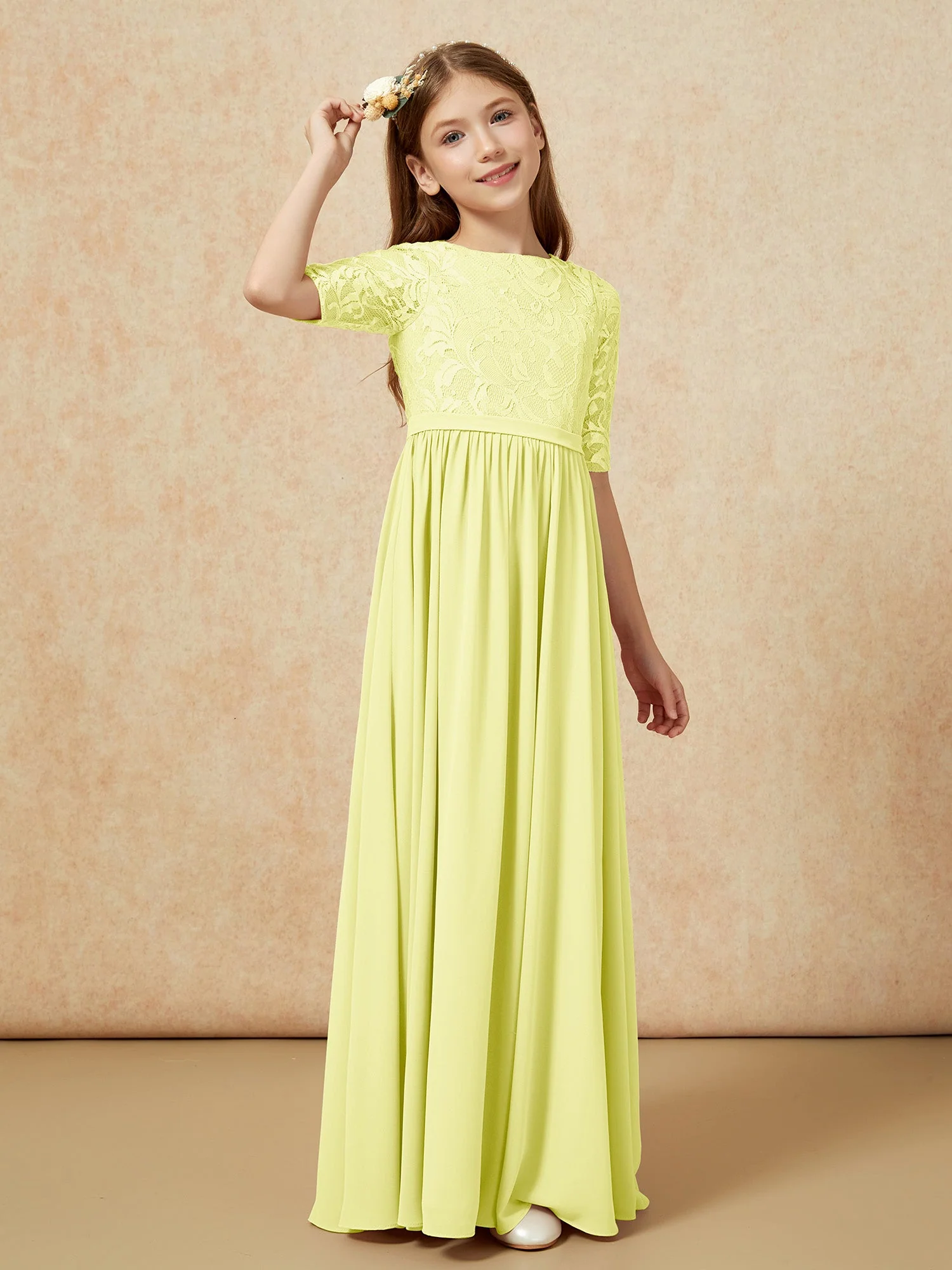 Halbarm Spitzen Oberteil Chiffon Junge Brautjungfernkleider Narzisse - Image 3
