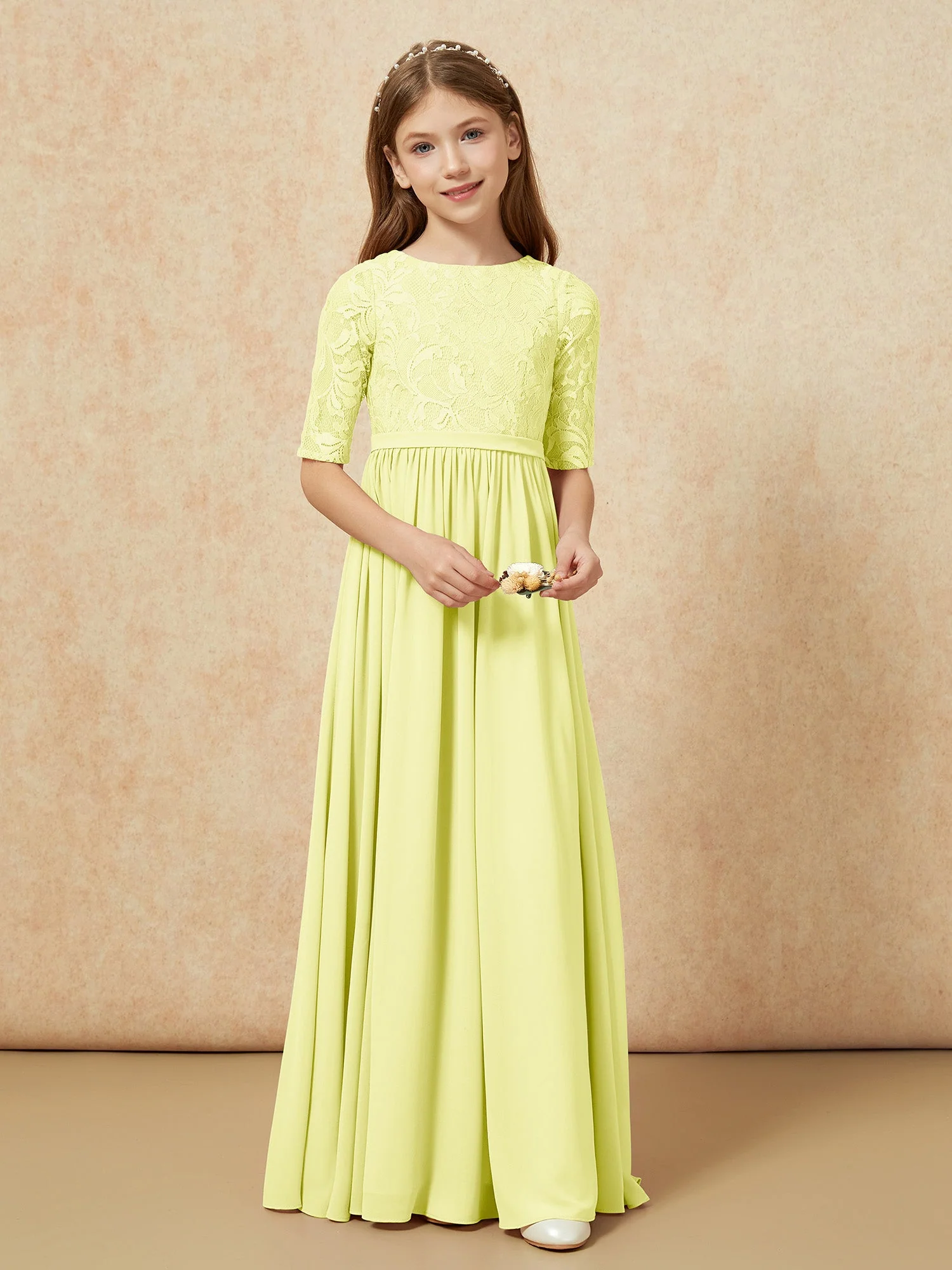 Halbarm Spitzen Oberteil Chiffon Junge Brautjungfernkleider Narzisse - Image 4
