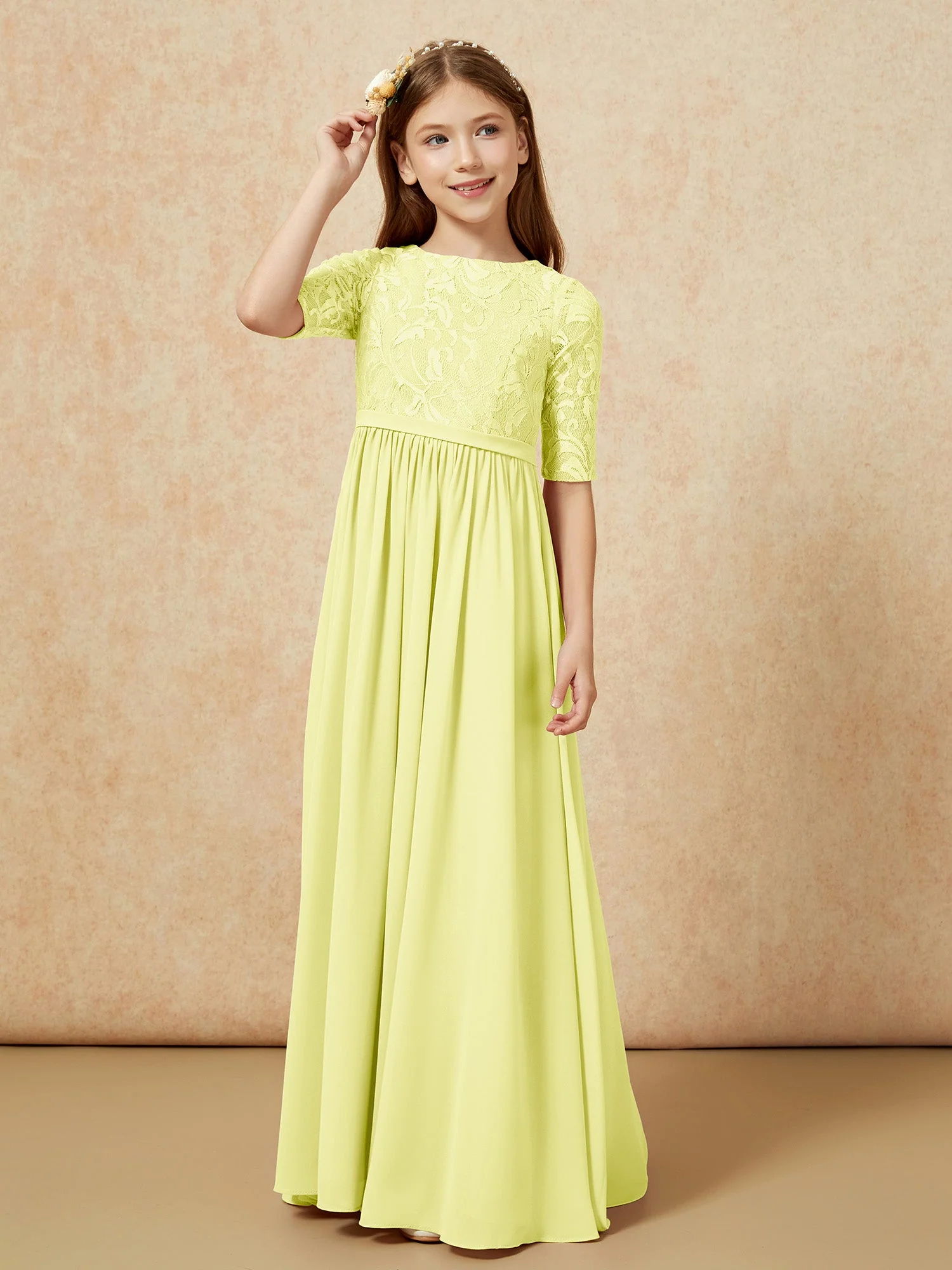 Halbarm Spitzen Oberteil Chiffon Junge Brautjungfernkleider Narzisse - Image 5