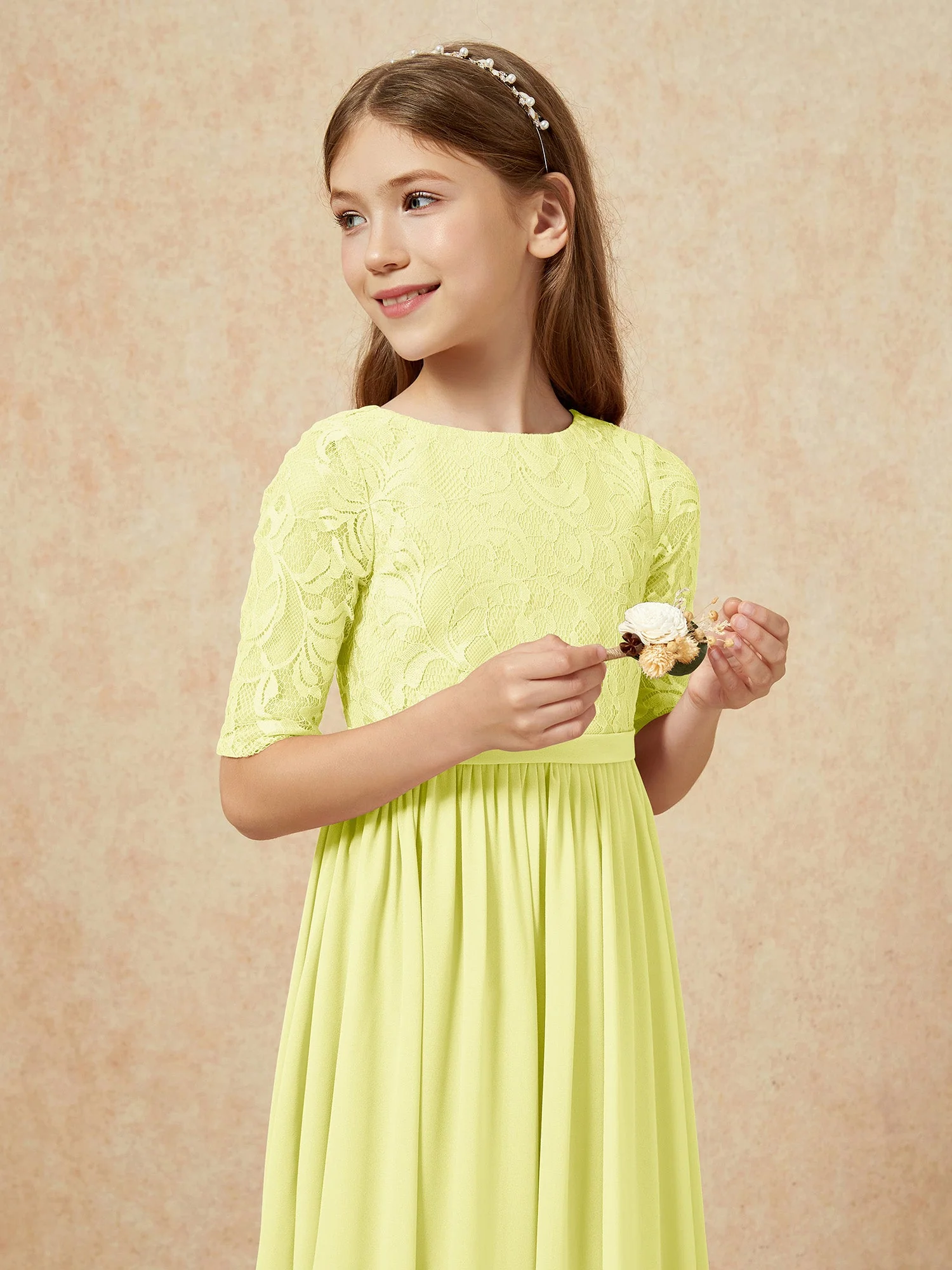 Halbarm Spitzen Oberteil Chiffon Junge Brautjungfernkleider Narzisse - Image 6