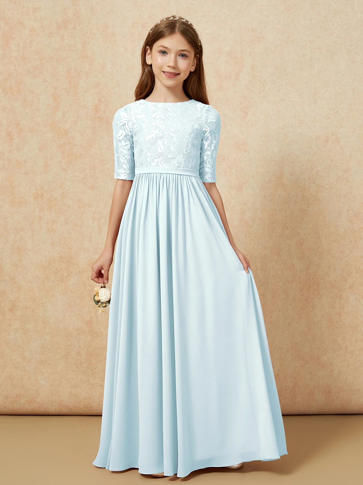 Halbarm Spitzen Oberteil Chiffon Junge Brautjungfernkleider Nebel