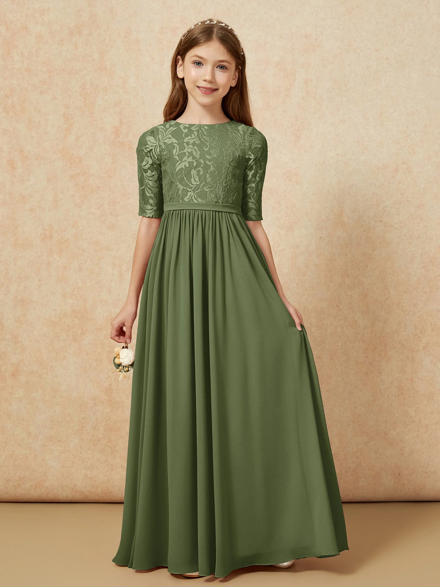 Halbarm Spitzen Oberteil Chiffon Junge Brautjungfernkleider Olivgrün