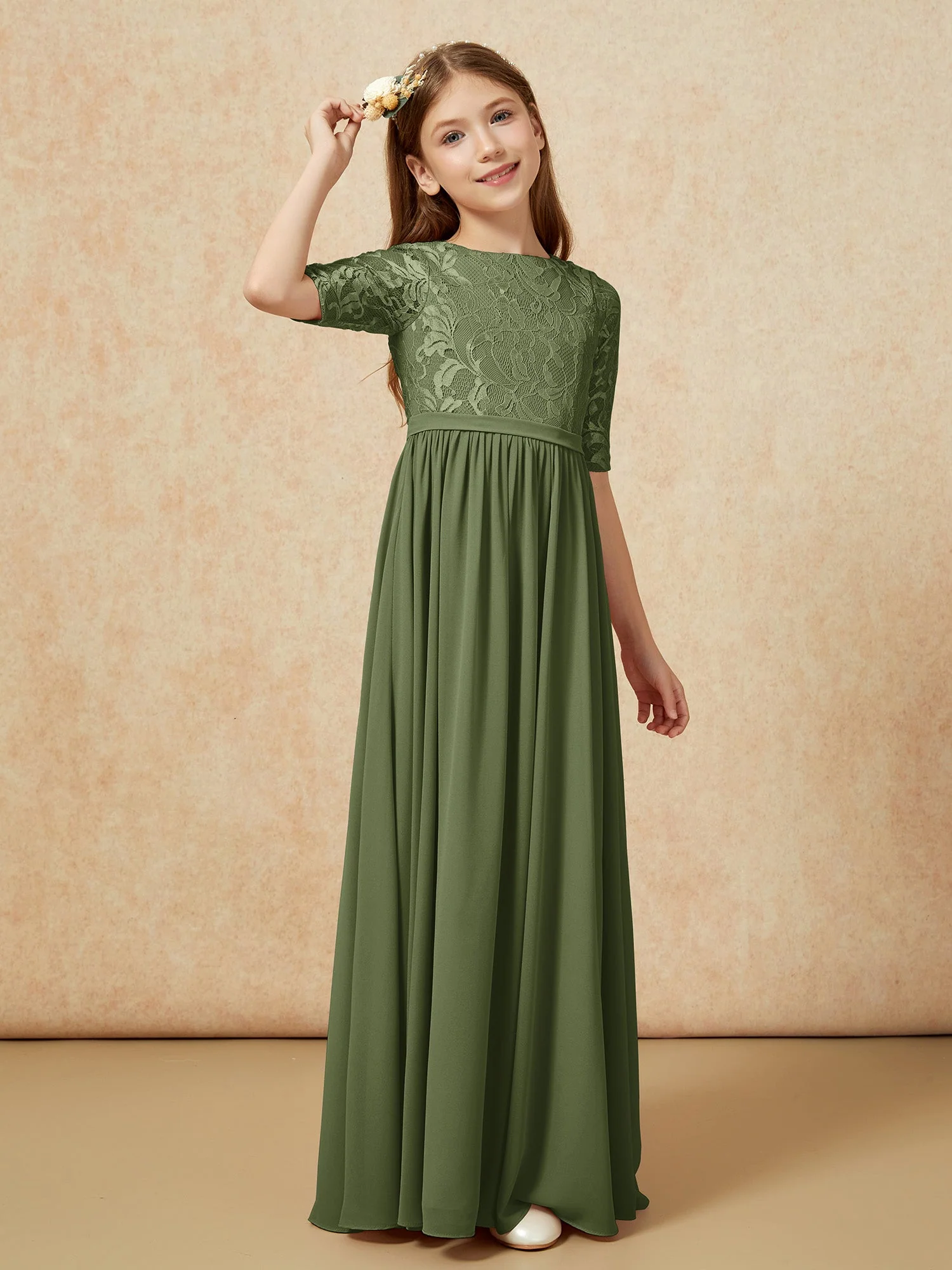 Halbarm Spitzen Oberteil Chiffon Junge Brautjungfernkleider Olivgrün - Image 3