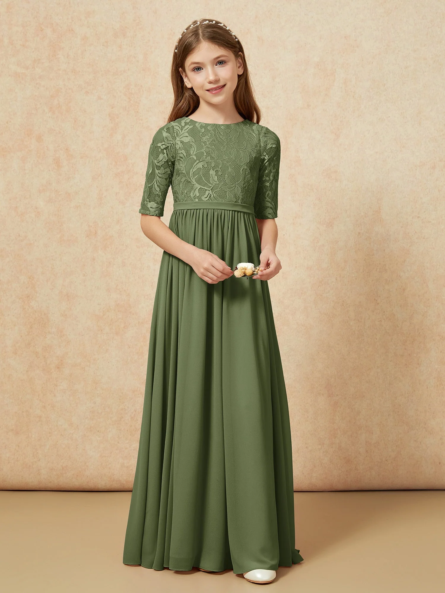 Halbarm Spitzen Oberteil Chiffon Junge Brautjungfernkleider Olivgrün - Image 4