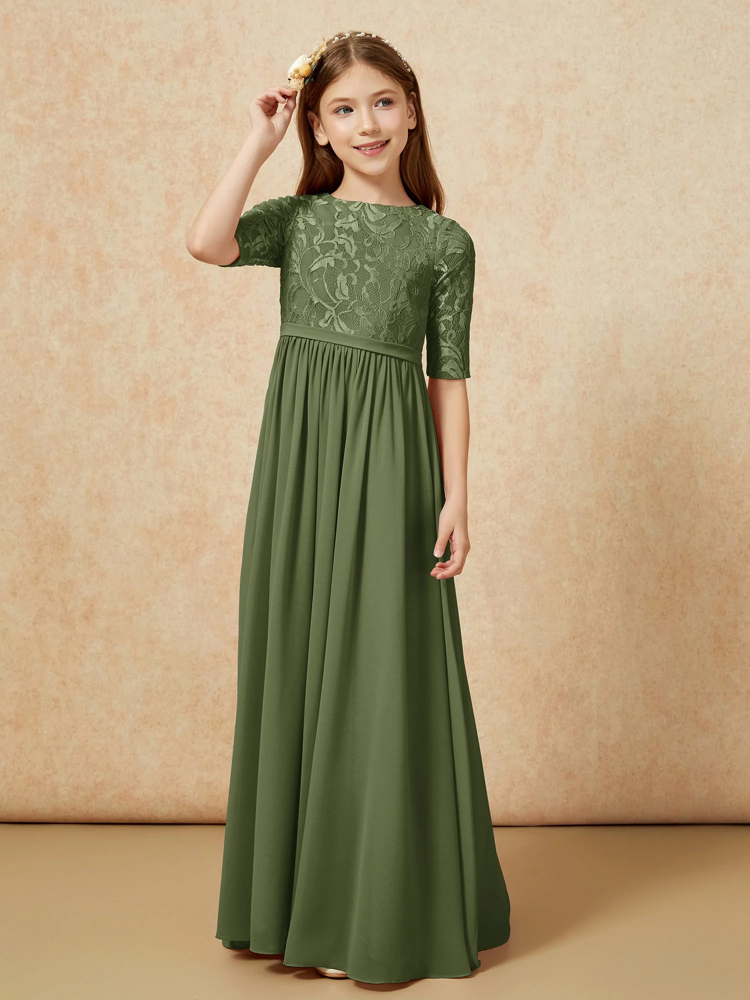Halbarm Spitzen Oberteil Chiffon Junge Brautjungfernkleider Olivgrün - Image 5