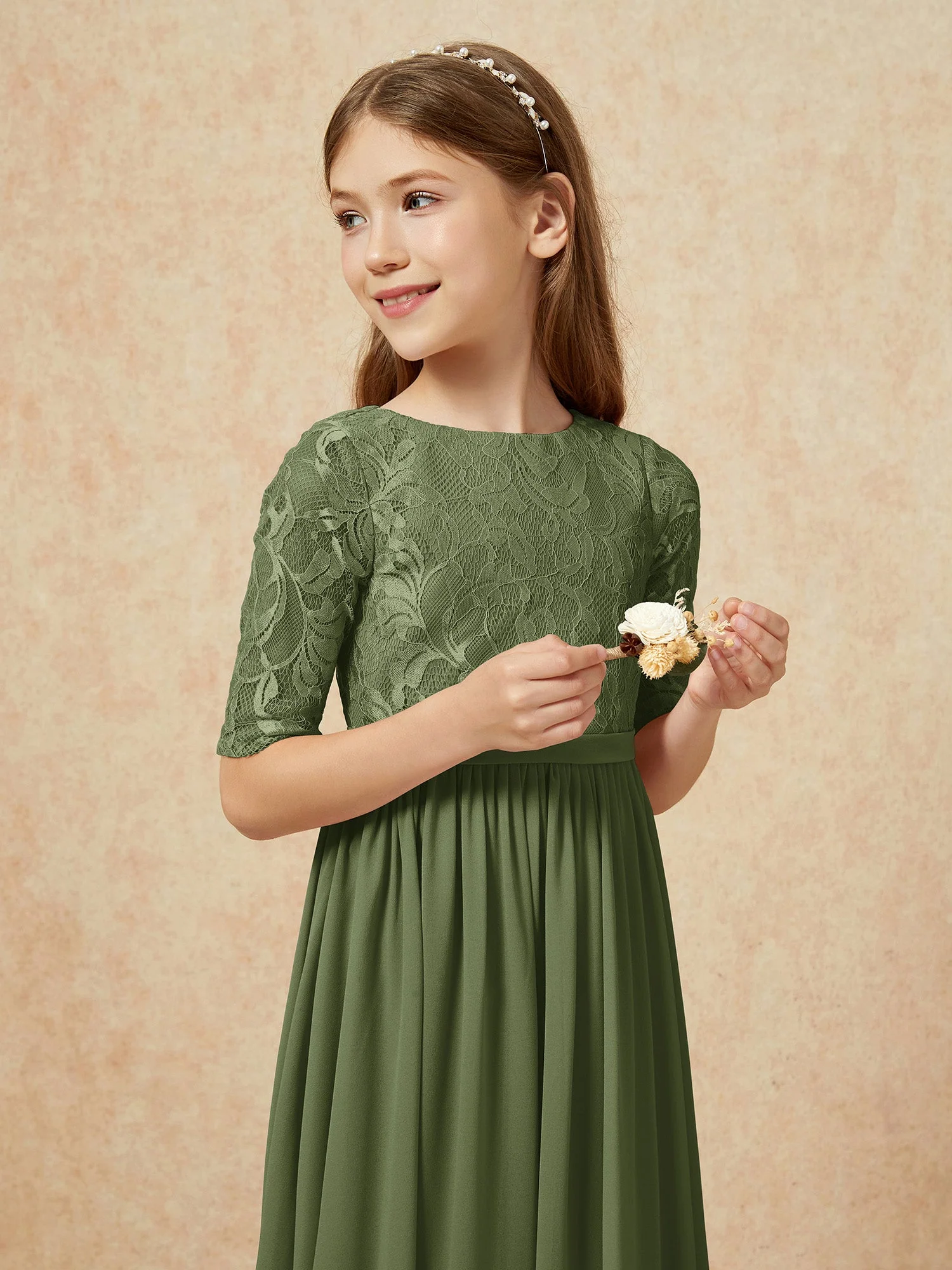 Halbarm Spitzen Oberteil Chiffon Junge Brautjungfernkleider Olivgrün - Image 6