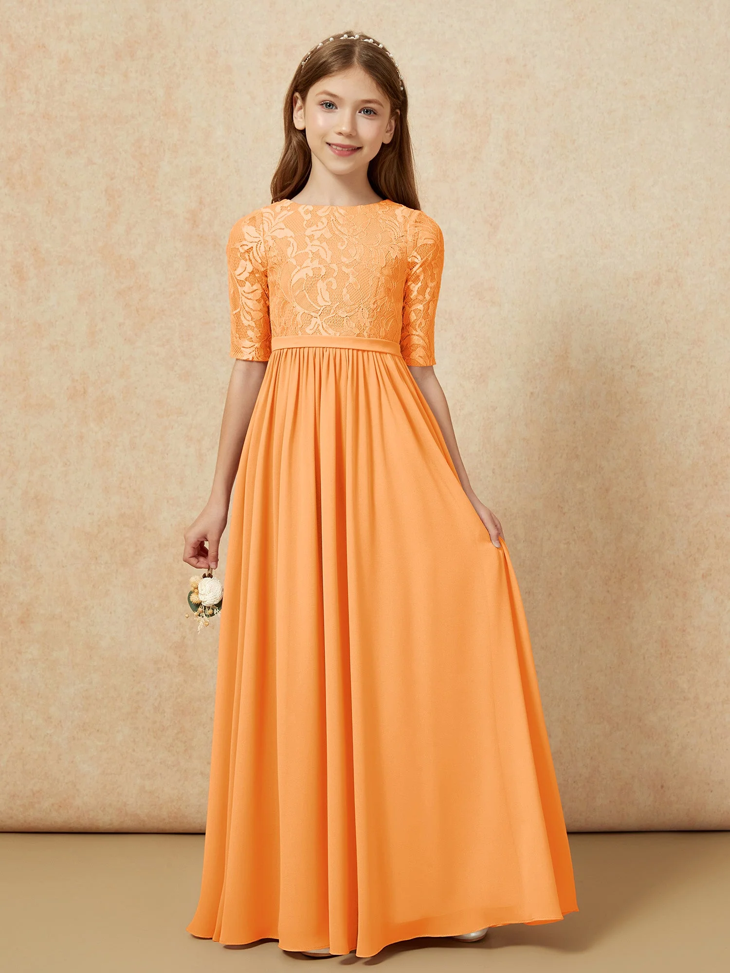 Halbarm Spitzen Oberteil Chiffon Junge Brautjungfernkleider Orange