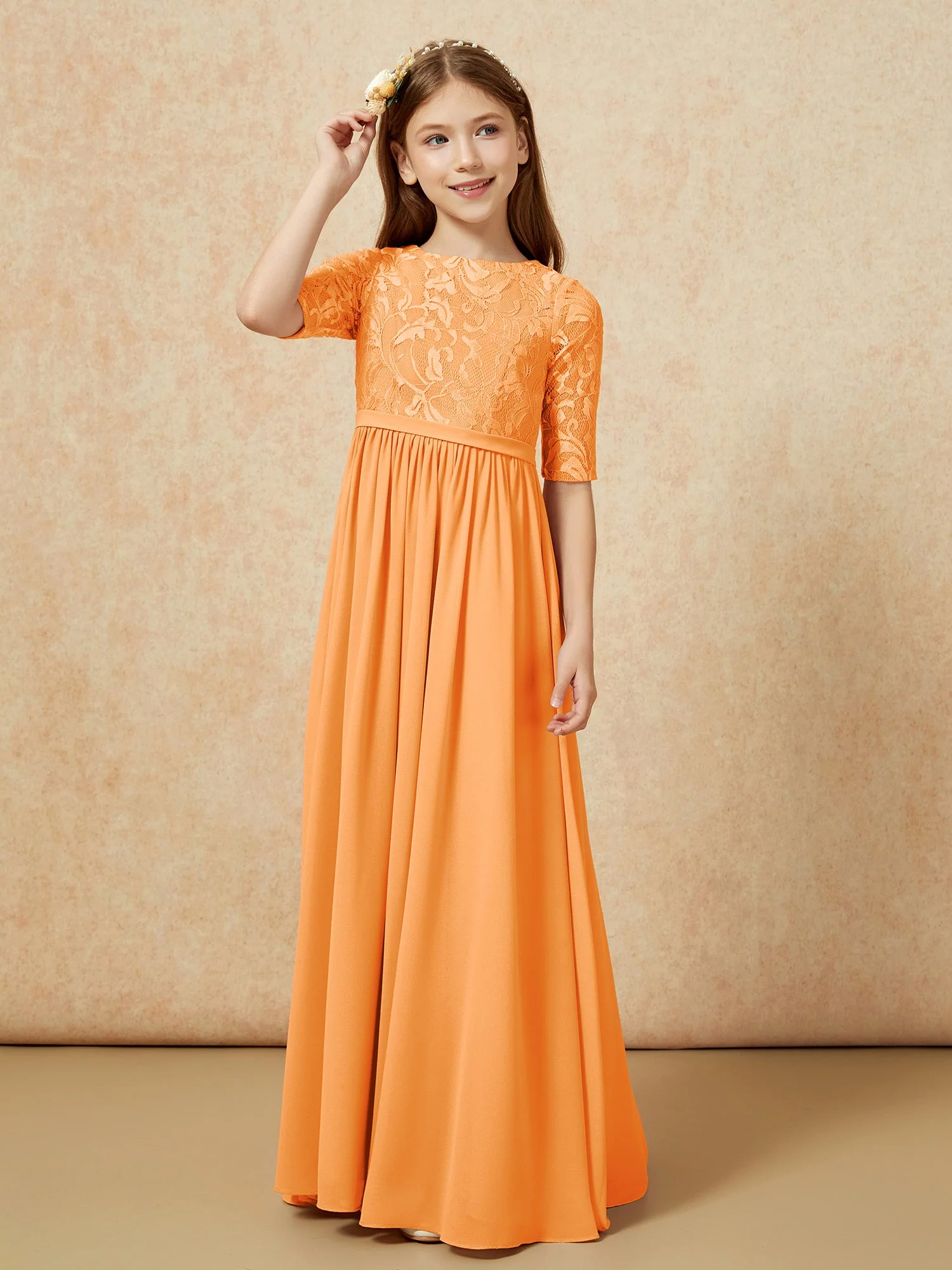 Halbarm Spitzen Oberteil Chiffon Junge Brautjungfernkleider Orange - Image 5