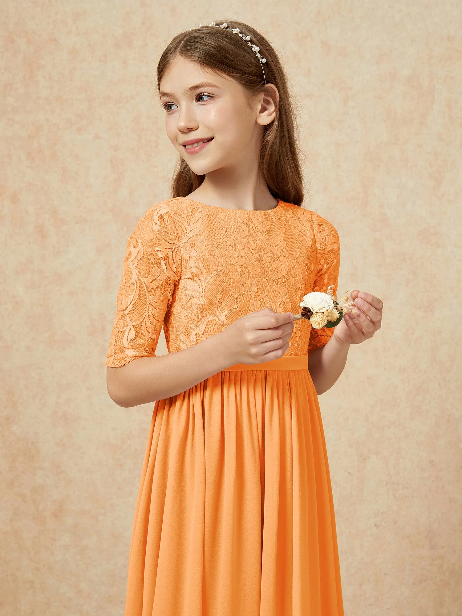 Halbarm Spitzen Oberteil Chiffon Junge Brautjungfernkleider Orange - Image 6