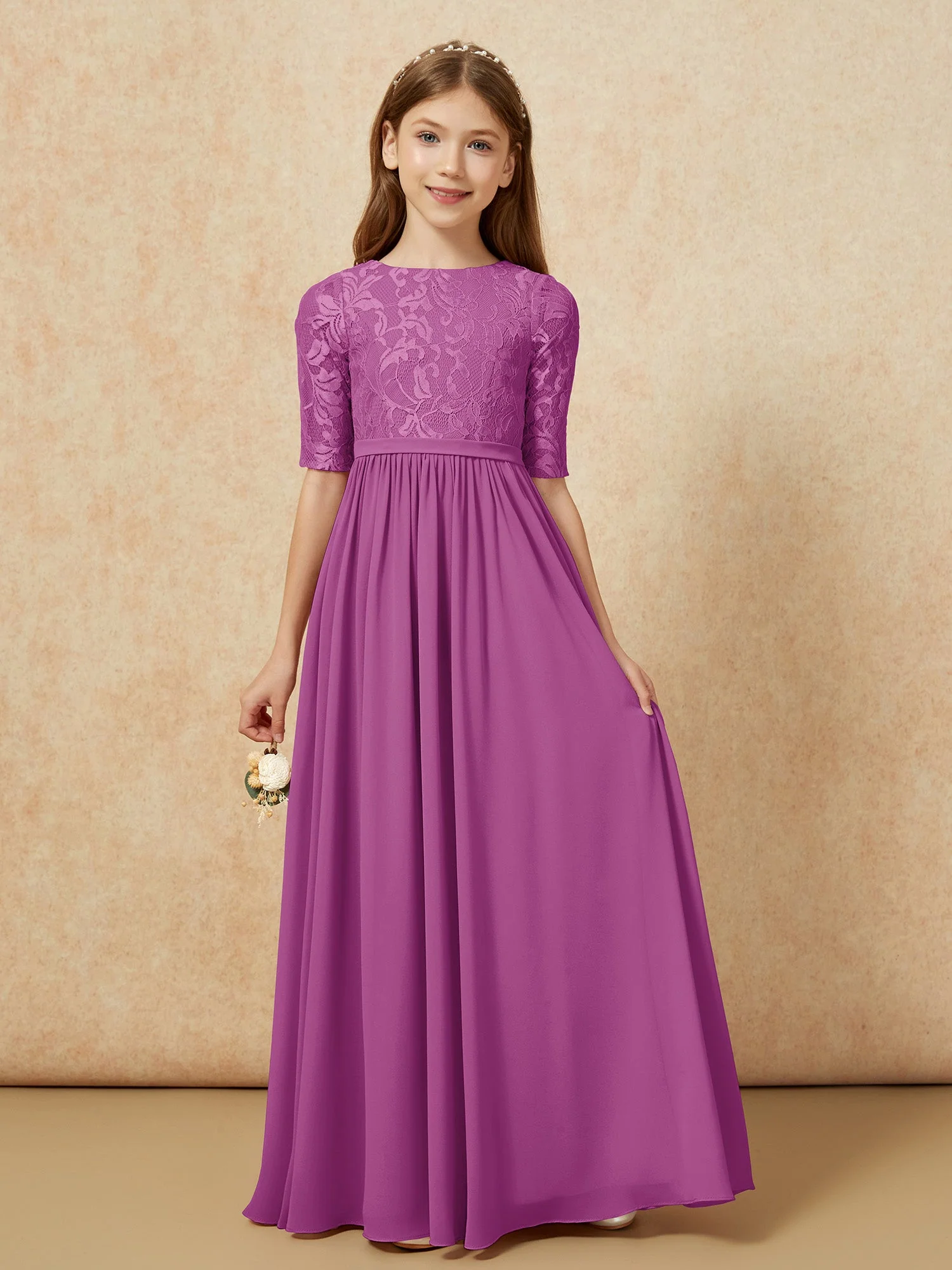Halbarm Spitzen Oberteil Chiffon Junge Brautjungfernkleider Orchidee