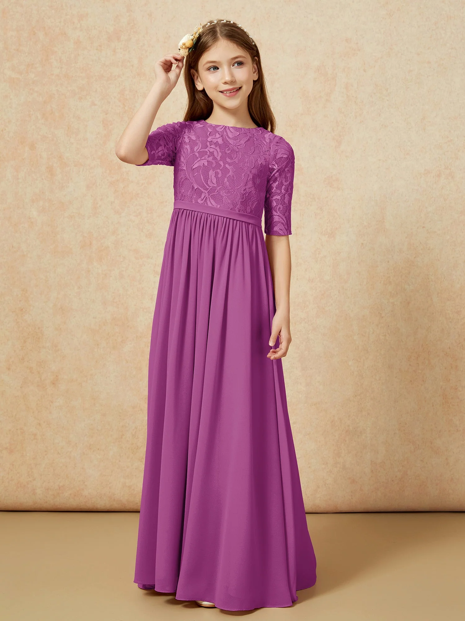 Halbarm Spitzen Oberteil Chiffon Junge Brautjungfernkleider Orchidee - Image 5