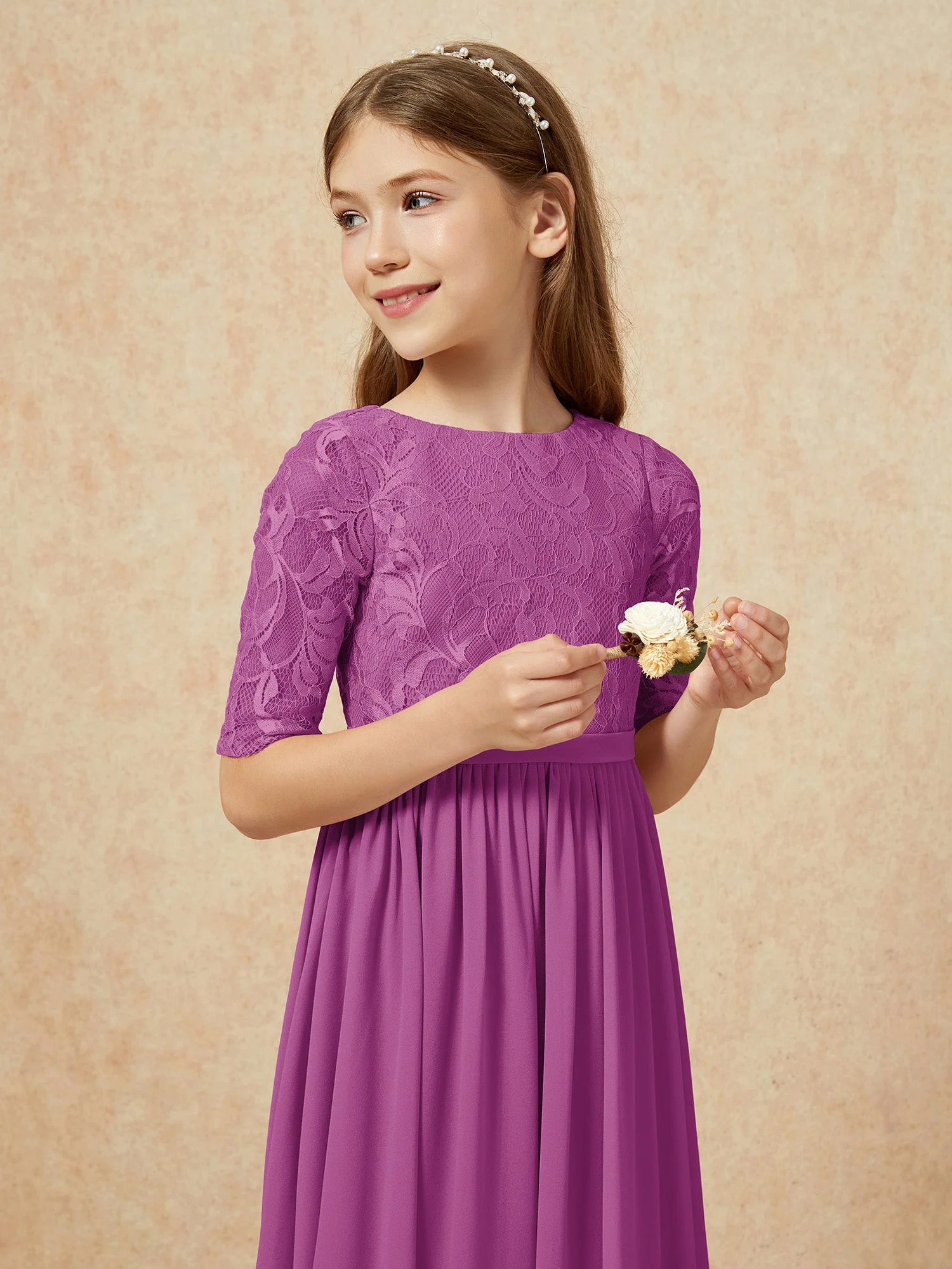 Halbarm Spitzen Oberteil Chiffon Junge Brautjungfernkleider Orchidee - Image 6